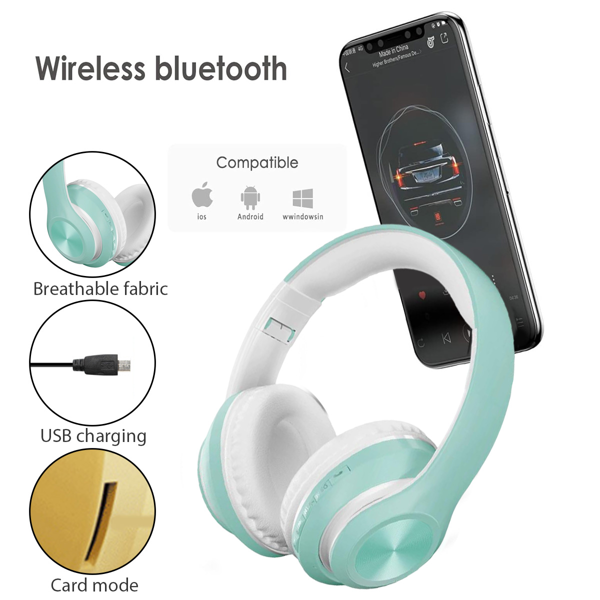 Gezeigt wird ein mintgrünes und weißes drahtloses Bluetooth-Headset. Ein Telefon zeigt ein Bild eines Autos. Details umfassen 'USB-Aufladung'.