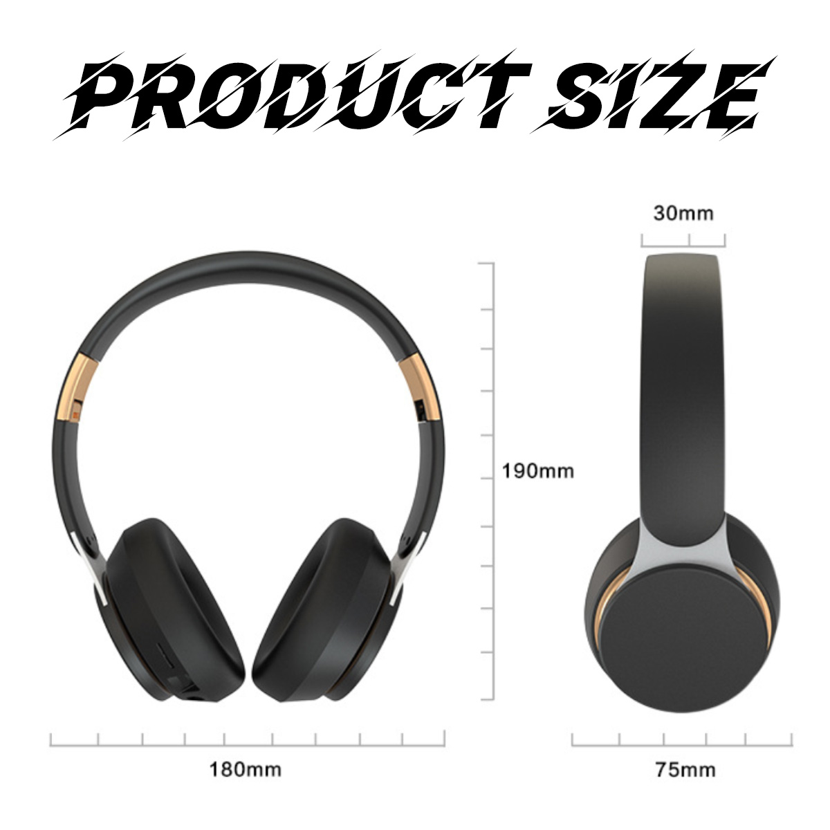 Das Bild zeigt schwarze Kopfhörer mit goldenen Akzenten und Abmessungen: 180 mm x 190 mm x 75 mm x 30 mm. Text 'PRODUCT SIZE' steht oben.