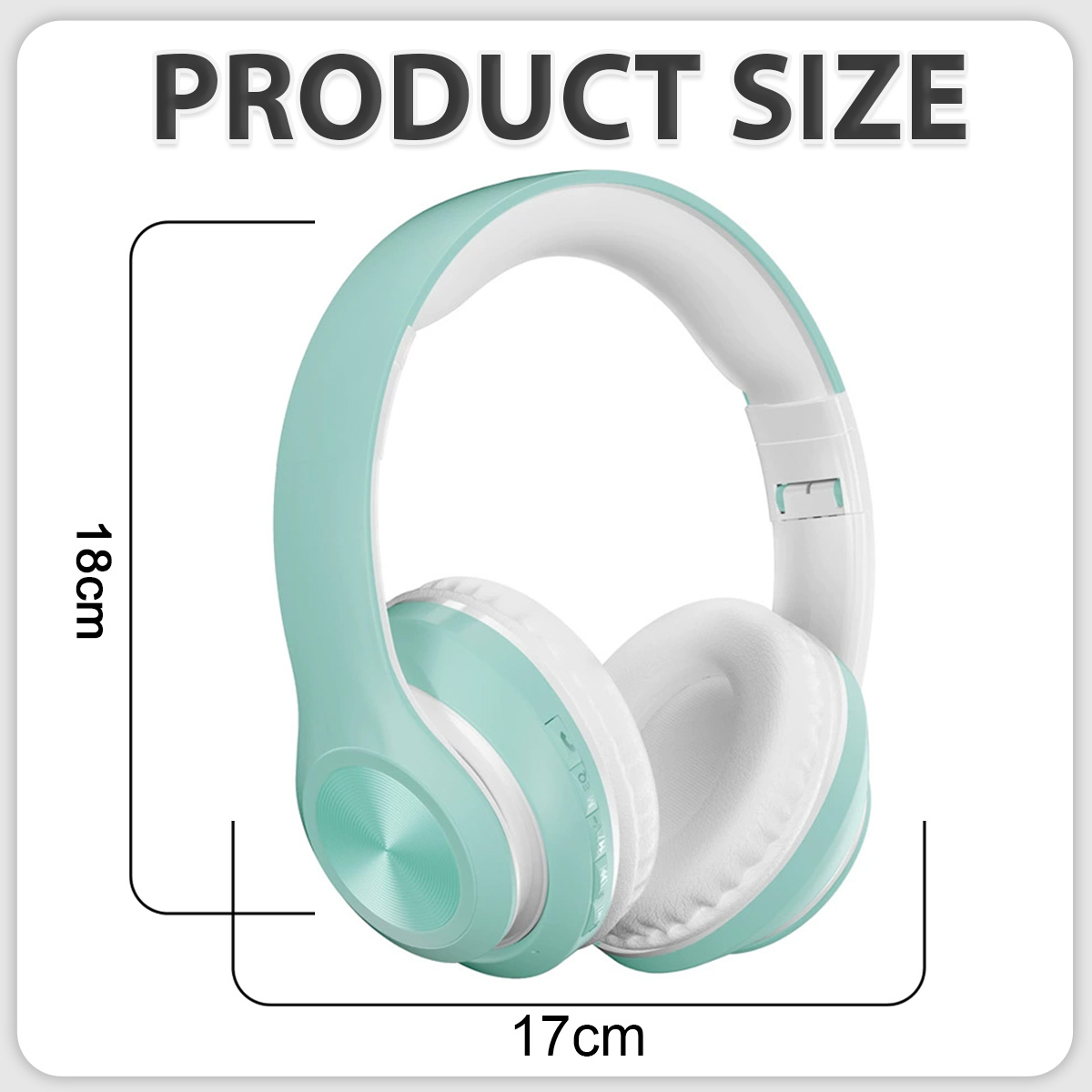 Minzgrüne Kopfhörer mit weißen Ohrpolstern, beschriftet mit 'Produktgröße'. Abmessungen sind 18 cm Höhe, 17 cm Breite, auf weißem Hintergrund.