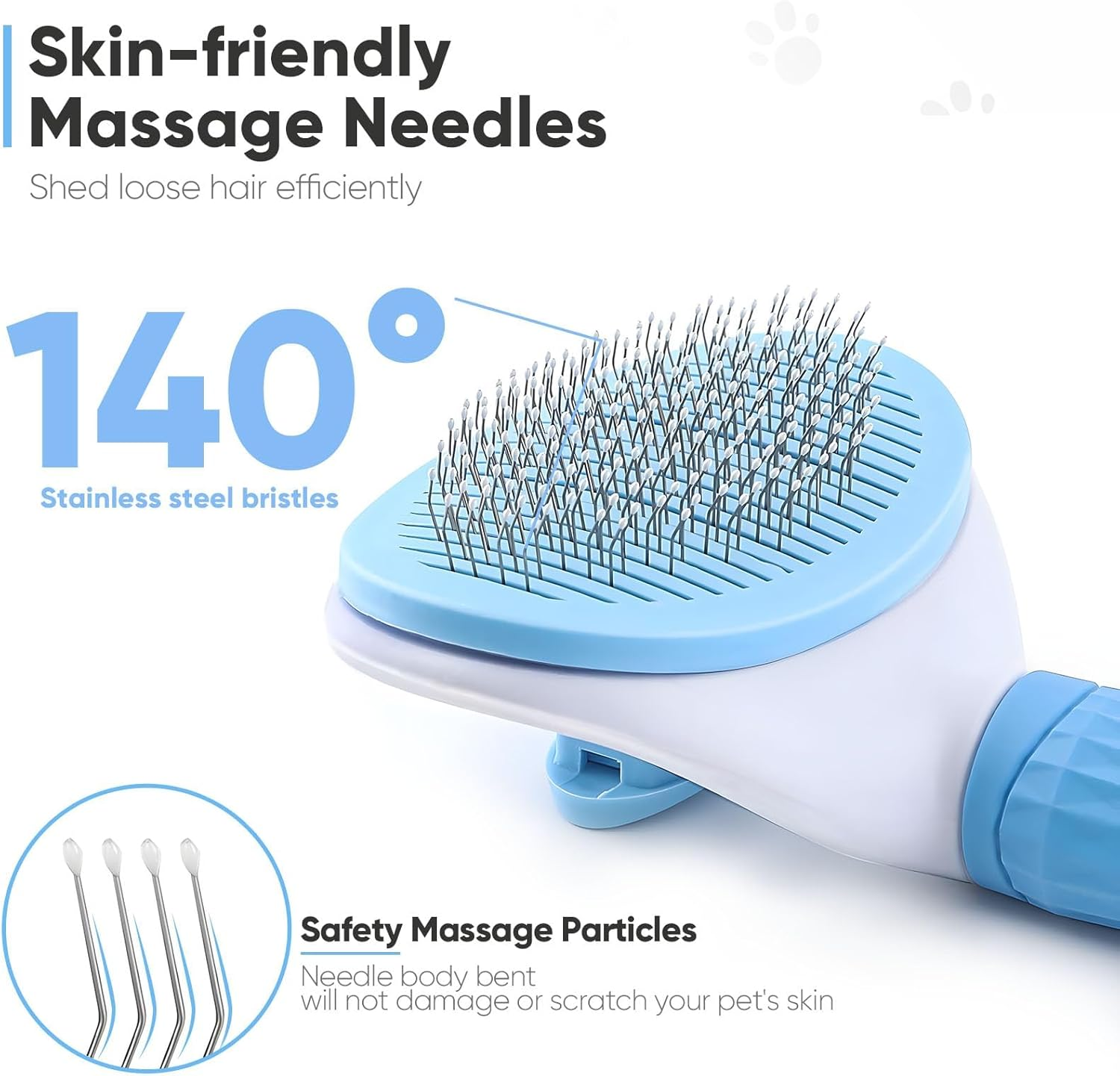 Eine blau-weiße Haustierbürste mit Edelstahlborsten. Der Text lautet 'Skin-friendly Massage Needles' und '140 Grad'.