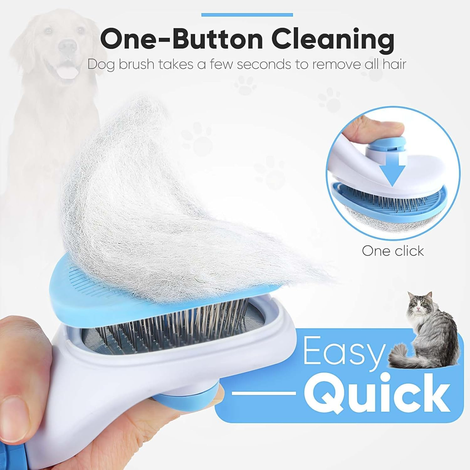 Eine Hunde-Pflegebürste entfernt Haare. Eine Hand drückt einen Knopf. Eine Katze wird gezeigt. Text sagt 'Easy Quick' und 'One-Button Cleaning'.