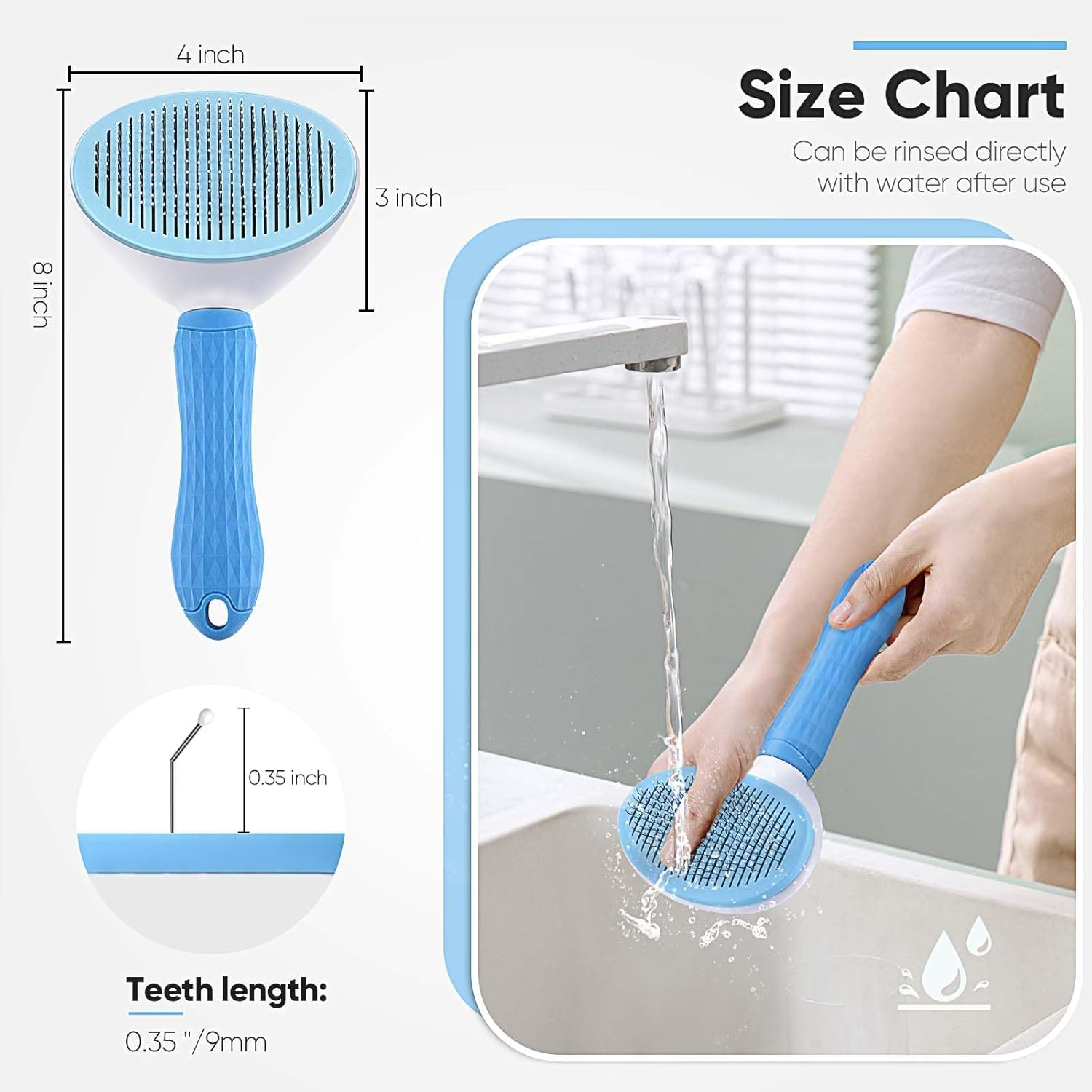 Eine blaue Haustierbürste wird unter einem Wasserhahn gespült. Abmessungen: 8x4x3 Zoll, Zähne 0,35 Zoll. Die Bürste hat einen blauen Griff.