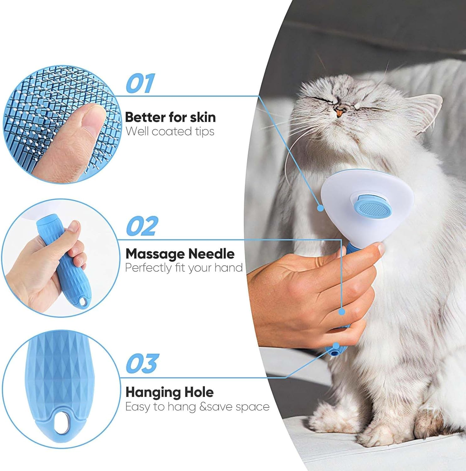 Eine Person bürstet eine flauschige weiße Katze mit einer blauen Haustierbürste. Die Bürste hat einen weißen Kopf und einen blauen Griff.