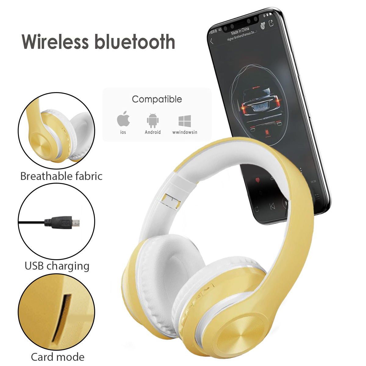 Gelb-weiße kabellose Bluetooth-Kopfhörer mit einem Telefon, das ein Auto anzeigt. Zusätzliche Details sind USB-Aufladung und Kartenmodus.