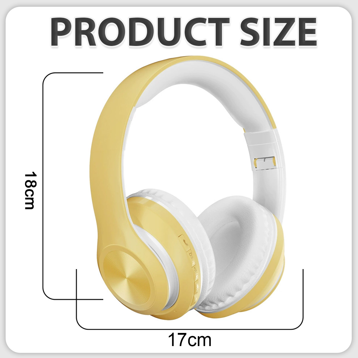 Gelb-weiße Kopfhörer. Produktgrößenetikett zeigt 18 cm Höhe und 17 cm Breite. Text sagt PRODUKTGRÖSSE.