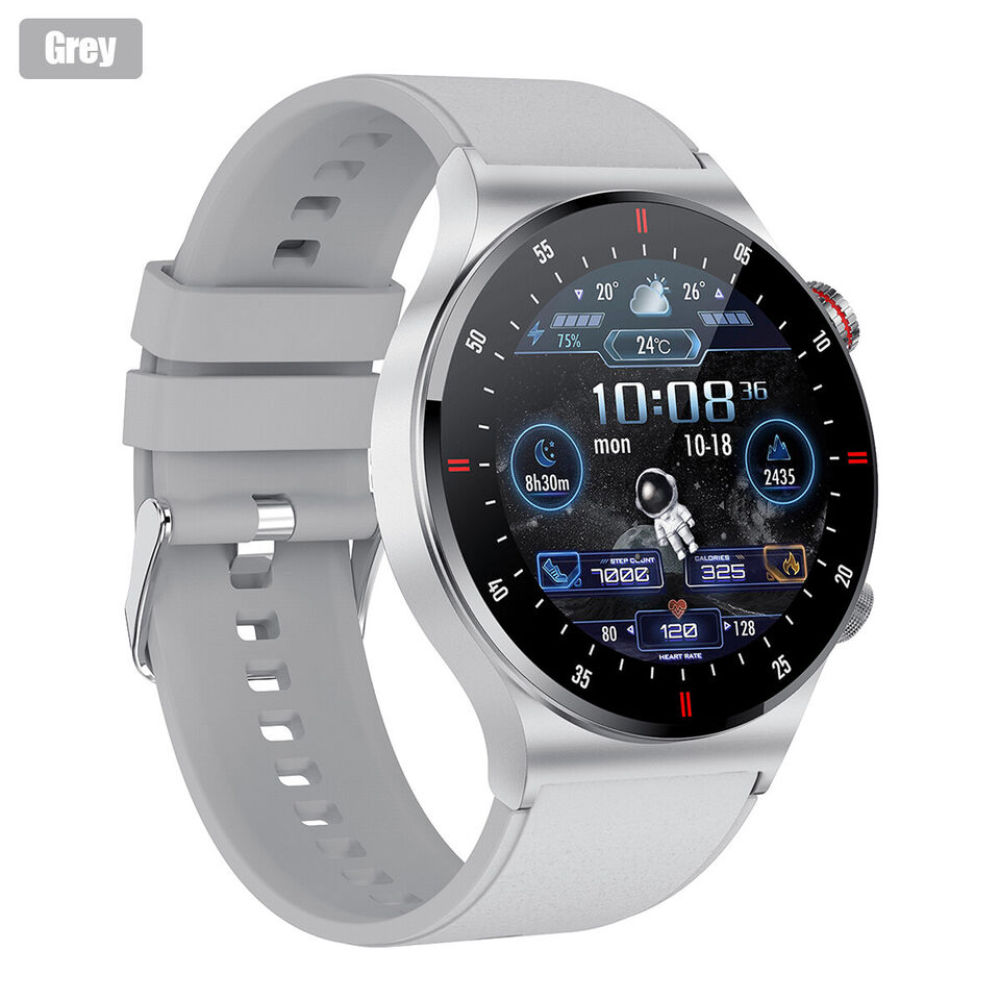 Eine graue Smartwatch mit rundem Bildschirm, der Zeit, Temperatur und Gesundheitsmetriken anzeigt. Das Armband ist hellgrau.