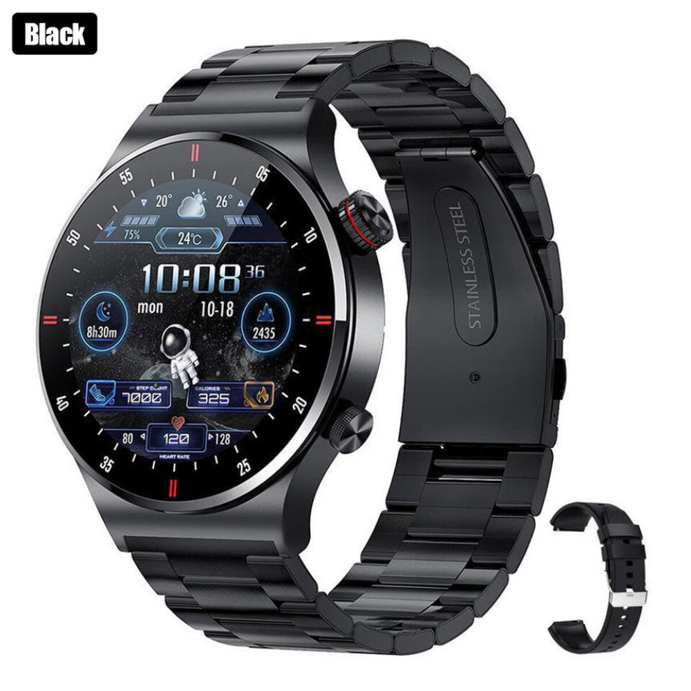 Eine schwarze Smartwatch mit Metallarmband. Das Zifferblatt zeigt Zeit, Wetter und Gesundheitsdaten. Ein zusätzliches Armband liegt daneben.