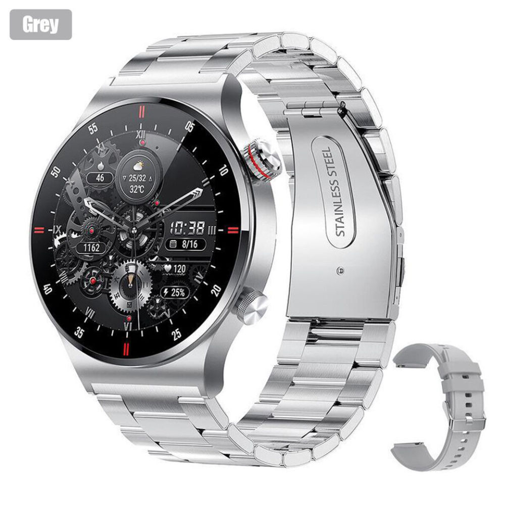 Eine silberne Smartwatch mit schwarzem Display, das Zeit, Datum und Gesundheitsmetriken anzeigt, mit Edelstahlarmband und grauem Zusatzarmband.