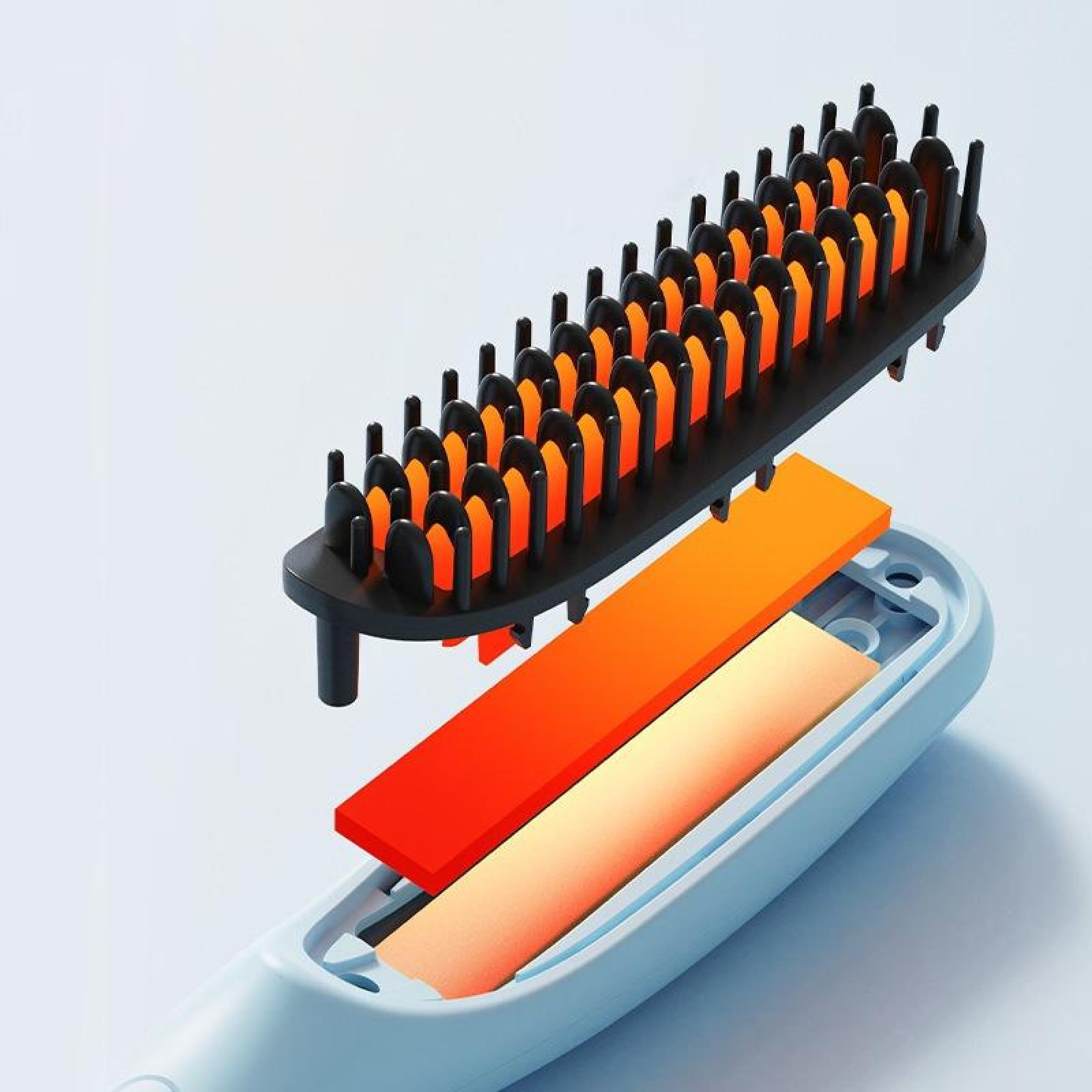 Eine elektrische Haarglättungsbürste mit schwarzen Borsten und orangefarbenen Heizelementen. Sie ist teilweise zerlegt und zeigt die interne Heizung.