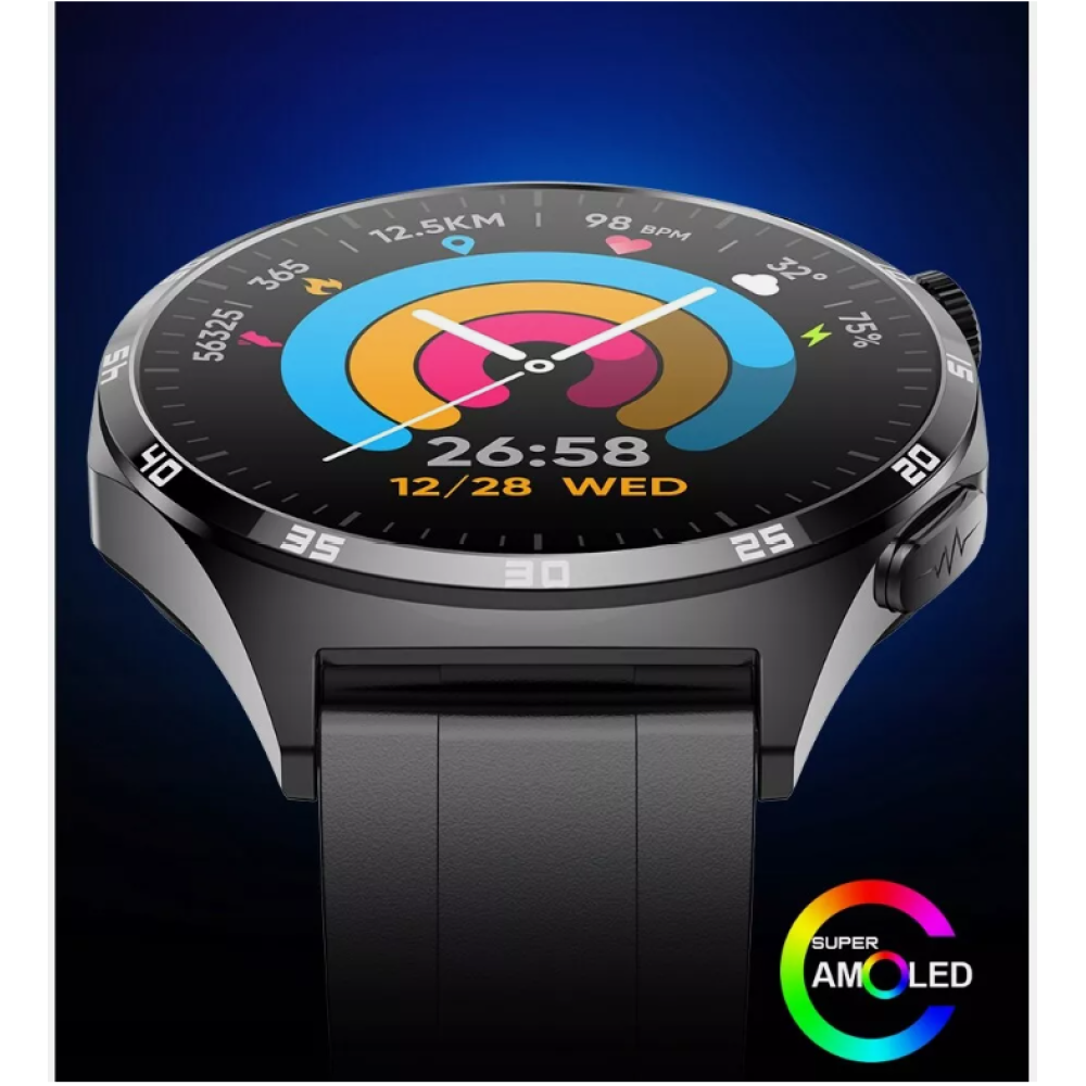 Nahaufnahme einer Smartwatch zeigt Zeit, Datum und Gesundheitsmetriken wie Herzfrequenz und Schritte auf dunklem blauem Hintergrund.