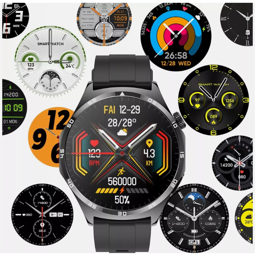 Eine Smartwatch mit mehreren Zifferblättern. Das Hauptzifferblatt zeigt Gesundheitsmetriken und die Uhrzeit.