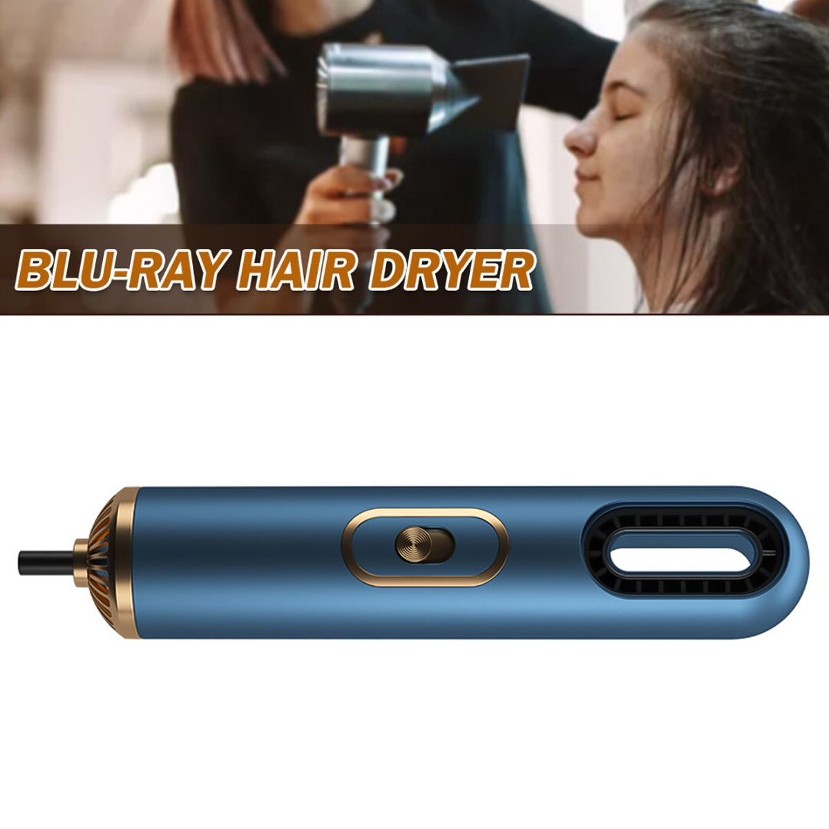 Ein blauer Haartrockner mit goldenen Akzenten wird im Vordergrund gezeigt. Im Hintergrund sind das Gesicht einer Frau und eine Person mit einem Haartrockner.