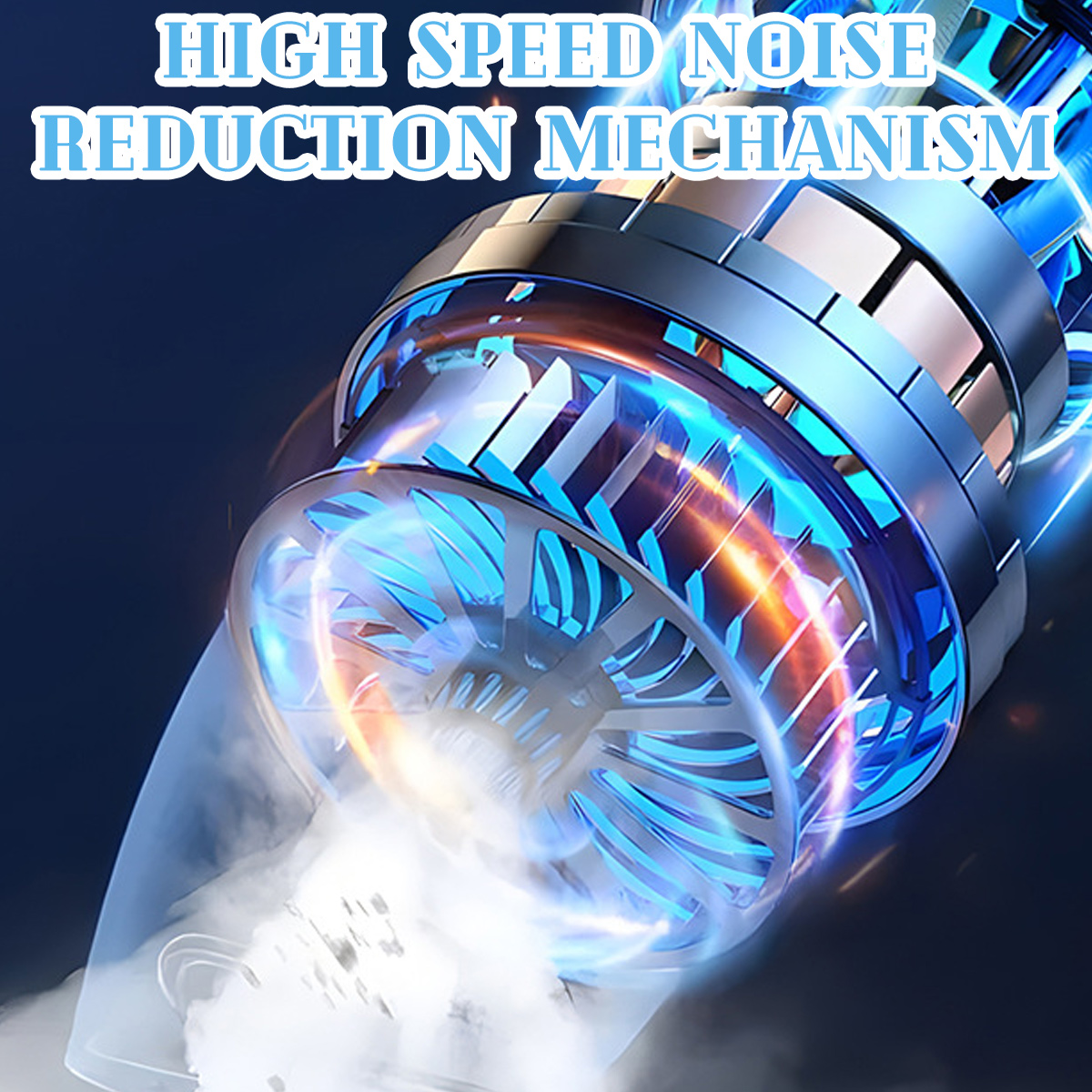 Nahaufnahme eines blauen und silbernen mechanischen Geräts mit dem Text 'HIGH SPEED NOISE REDUCTION MECHANISM'.
