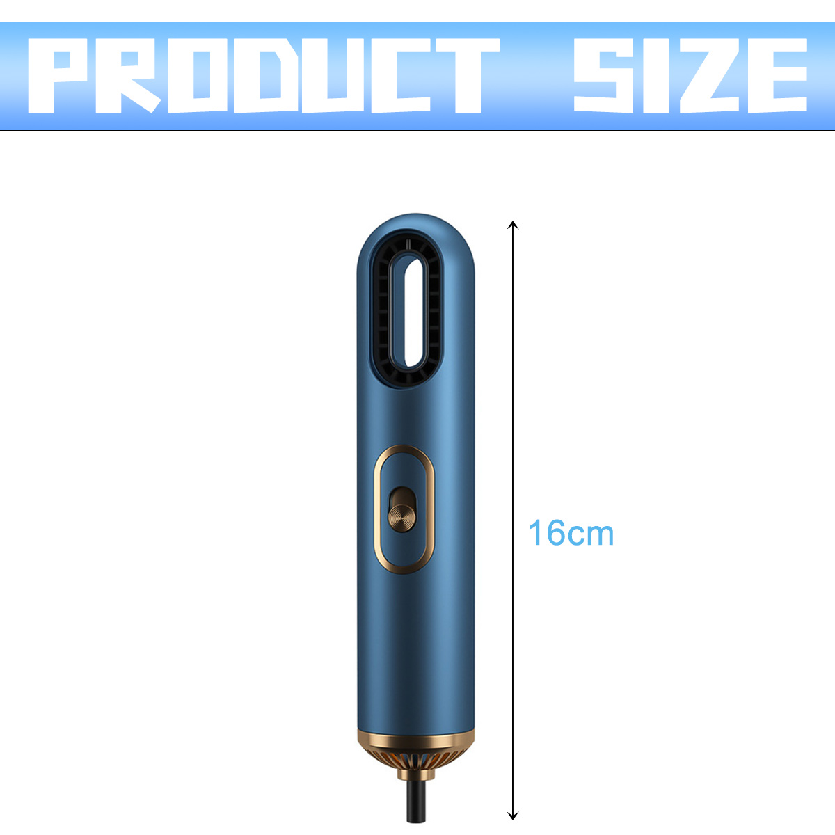 Ein blaues Haarstyling-Tool mit goldenem Knopf und Sockel wird gezeigt. Der Text PRODUKTGRÖSSE steht oben. Die Größe ist mit 16 cm angegeben.