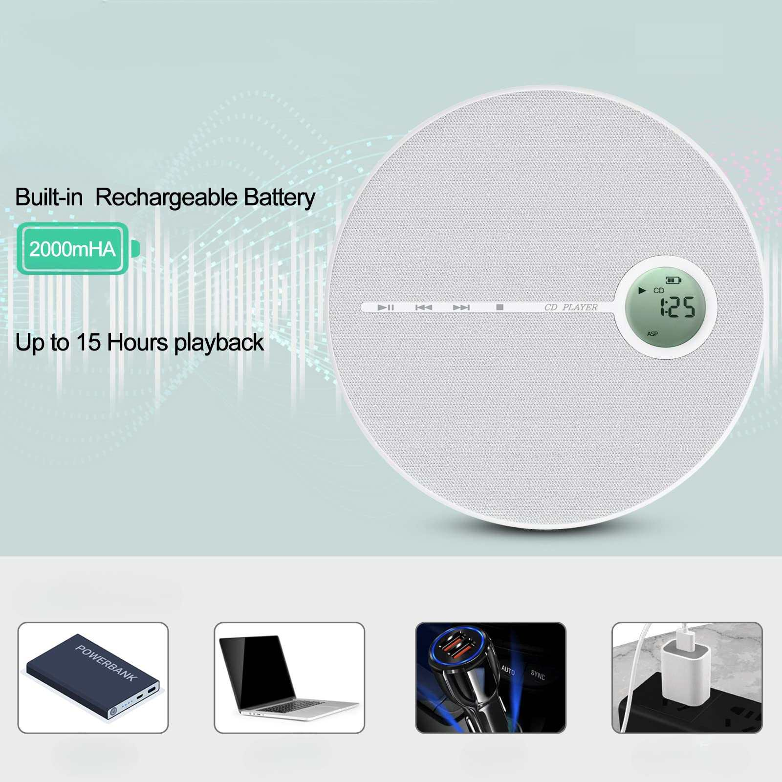 Weißer CD-Player mit Anzeige 1:25. Merkmale sind eingebauter Akku, 15 Stunden Wiedergabe, und Powerbank, Laptop und Ladegerät-Icons.