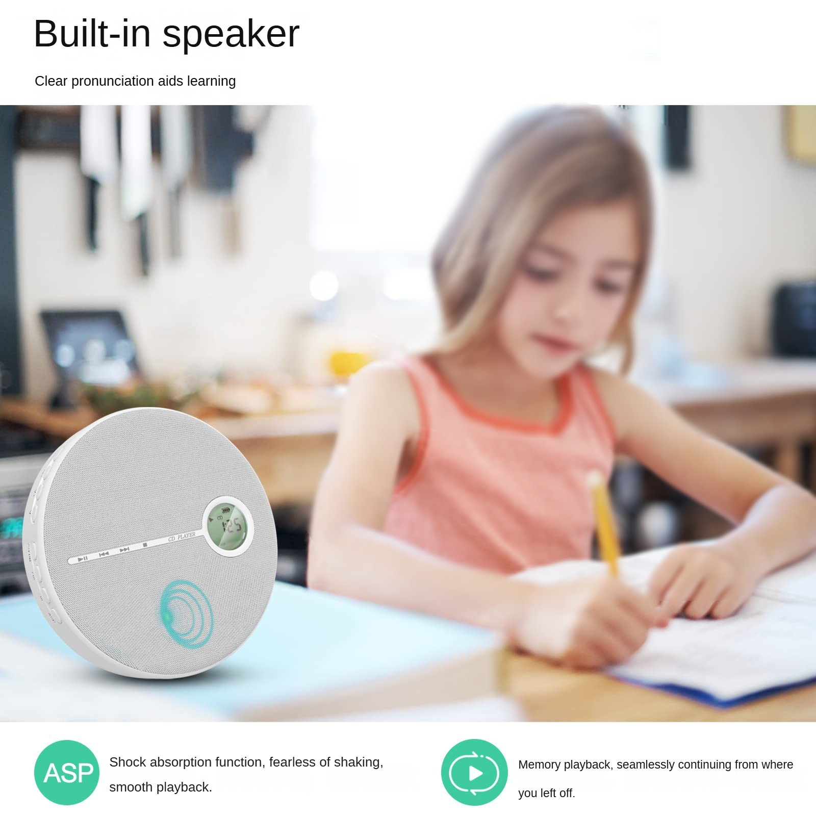 Ein Mädchen schreibt mit einem Bleistift auf Papier. Links ist ein CD-Player. Text: Eingebauter Lautsprecher, klare Aussprache hilft beim Lernen.