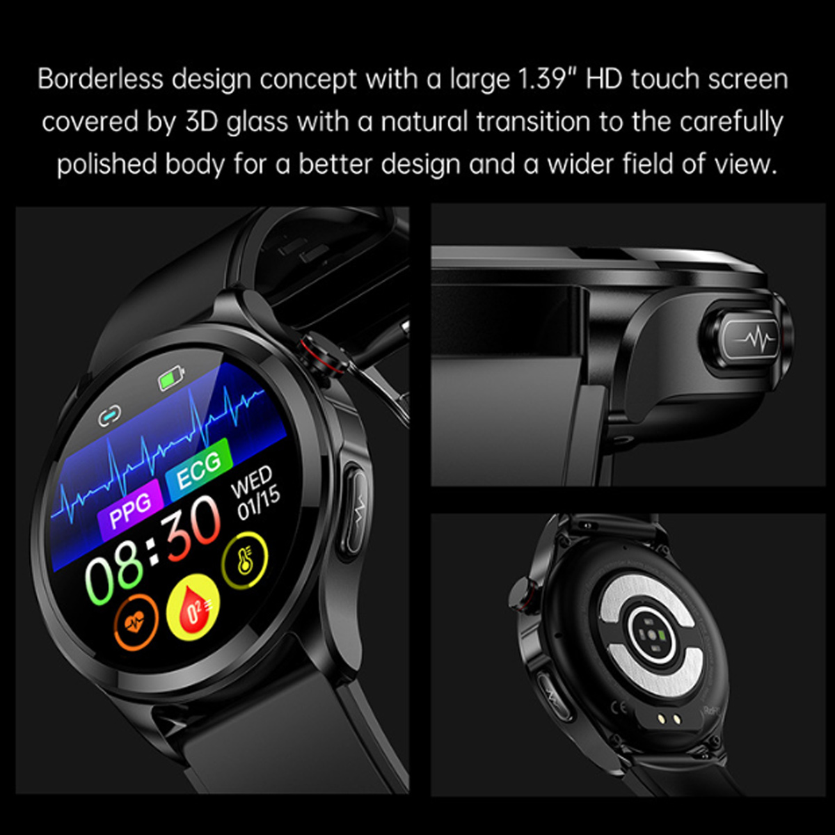 Schwarze Smartwatch mit rundem Bildschirm, der Gesundheitsmetriken anzeigt. Beinhaltet EKG, Uhrzeit und Datum. Zeigt ein schwarzes Armband und die Rückseite der Uhr.