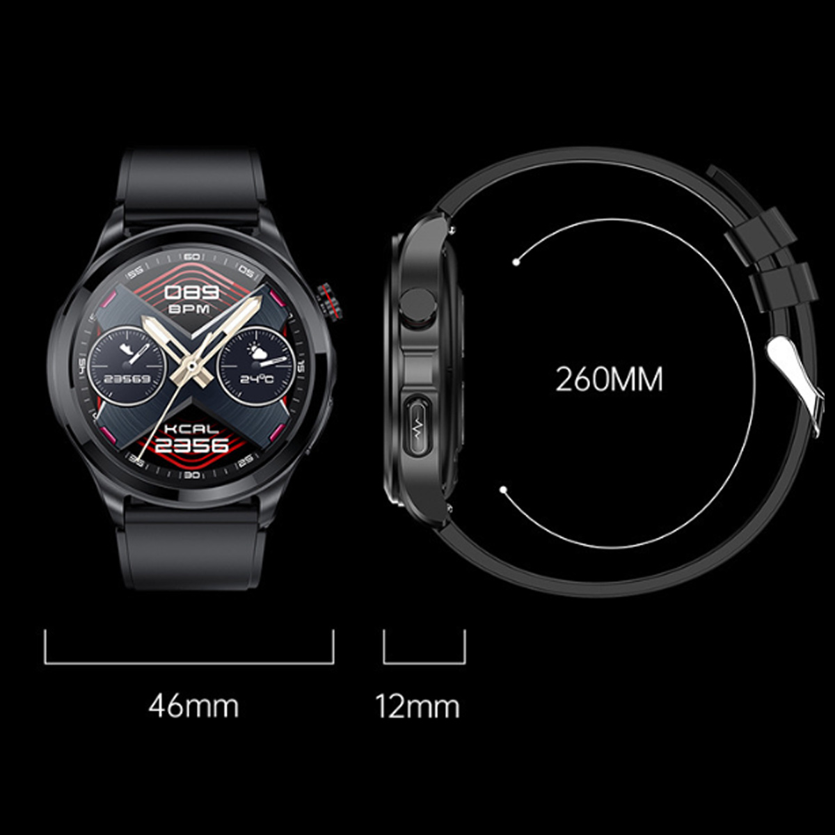 Schwarze Smartwatch mit Maßen: 46 mm, 12 mm und 260 mm. Zeigt Herzfrequenz, Kalorien und Temperatur an.
