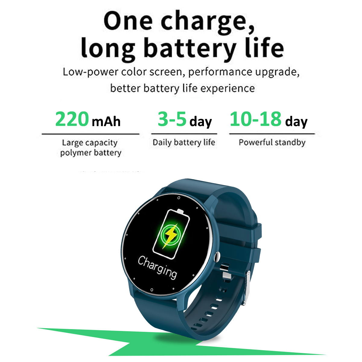 Eine dunkelblaue Smartwatch zeigt ein Ladesymbol an. Der Text oben lautet: Eine Ladung, lange Akkulaufzeit.
