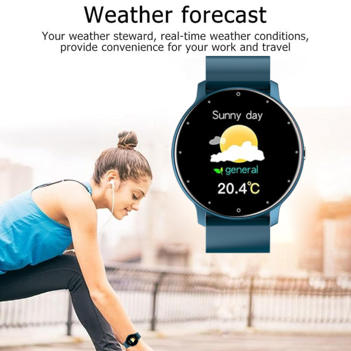 Frau mit Kopfhörern, die eine Smartwatch mit sonnigen Wetterinformationen überprüft. Die Uhr ist blau.