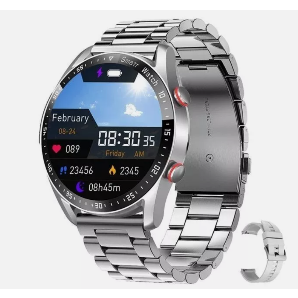 Eine silberne Smartwatch mit digitaler Anzeige, die Zeit, Datum und Gesundheitsmetriken anzeigt. Die Uhr hat ein Metallarmband und einen zusätzlichen Verschluss.