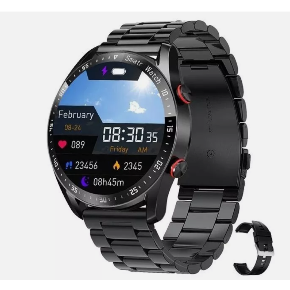 Eine schwarze Smartwatch mit Metallband zeigt Datum, Uhrzeit und Gesundheitsdaten an. Ein zusätzliches Bandteil ist ebenfalls enthalten.