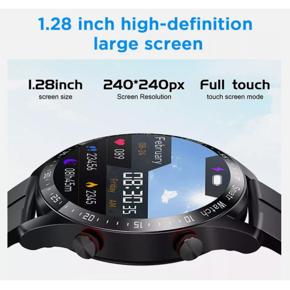 Eine schwarze Smartwatch zeigt Zeit, Datum und Gesundheitsmetriken an. Oben steht: 1,28 Zoll High-Definition-Großbildschirm.