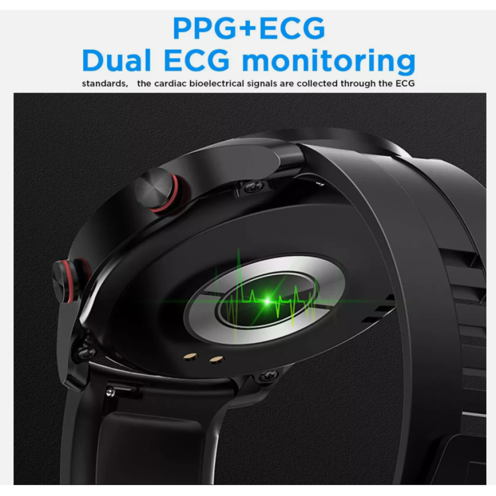 Nahaufnahme einer schwarzen Smartwatch. Das Zifferblatt zeigt eine grüne EKG-Linie. An der Seite befinden sich zwei rote Knöpfe.