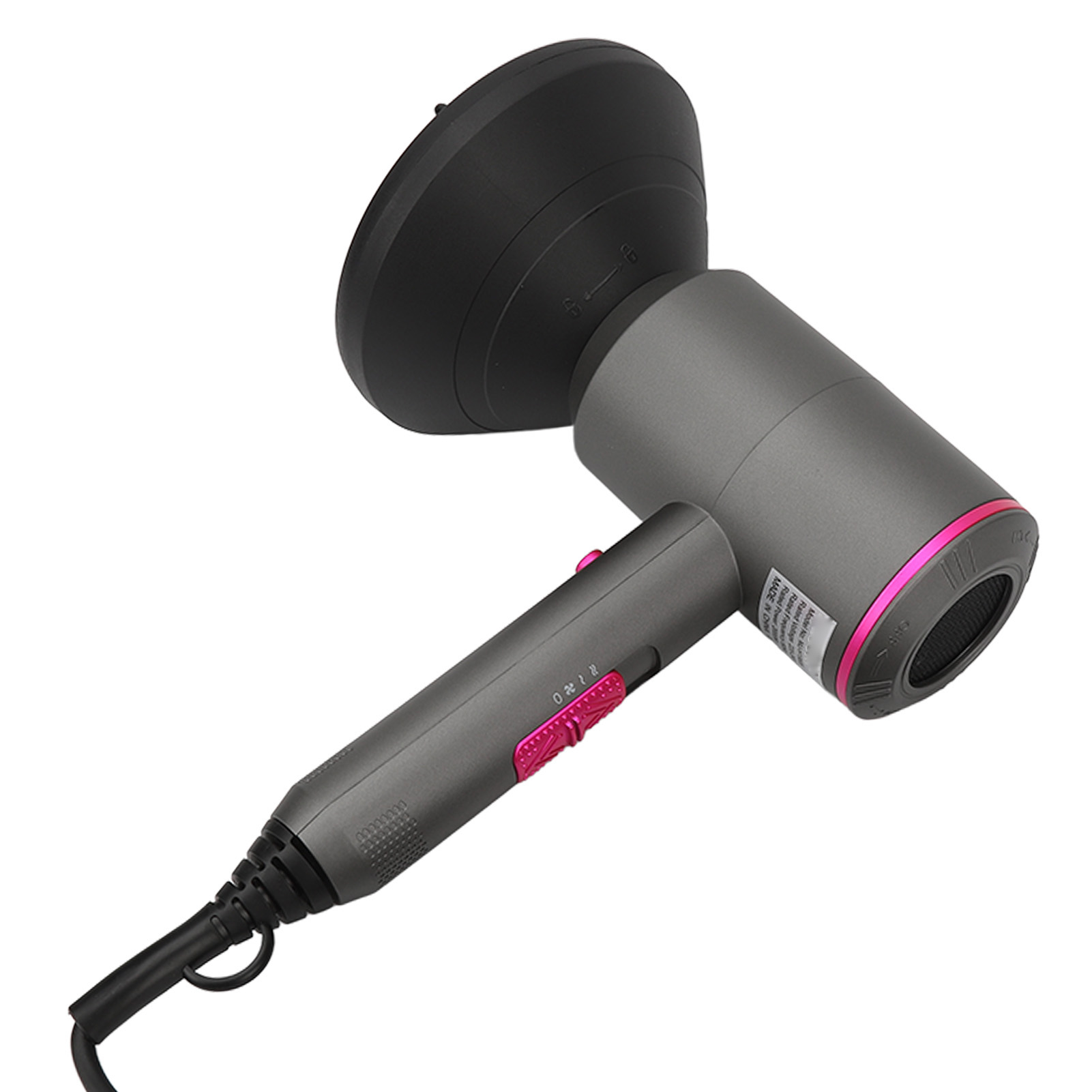 Ein grauer Haartrockner mit schwarzem Diffusor. Er hat pinkfarbene Akzente am Griff und ein schwarzes Netzkabel.