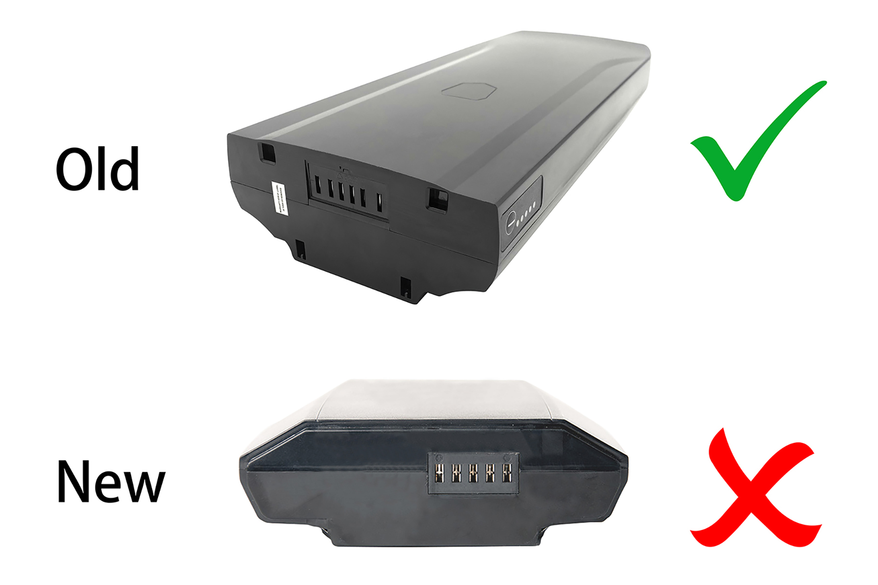 Das Bild zeigt zwei schwarze Batterien. Die obere, mit 'Old' beschriftete, hat ein Häkchen. Die untere, mit 'New' beschriftete, hat ein X.