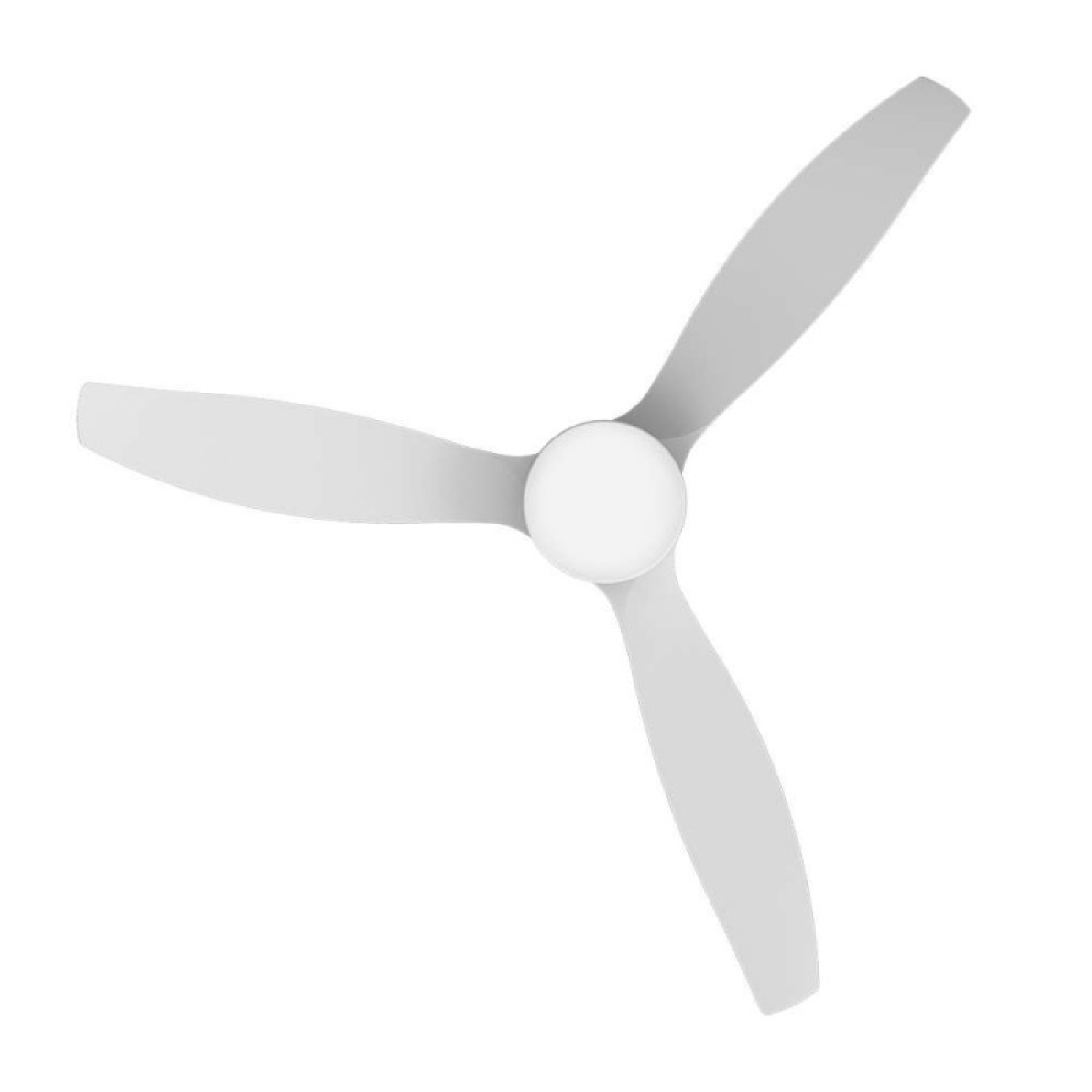 Un ventilatore da soffitto bianco con tre pale. Il ventilatore è centrato su uno sfondo bianco.