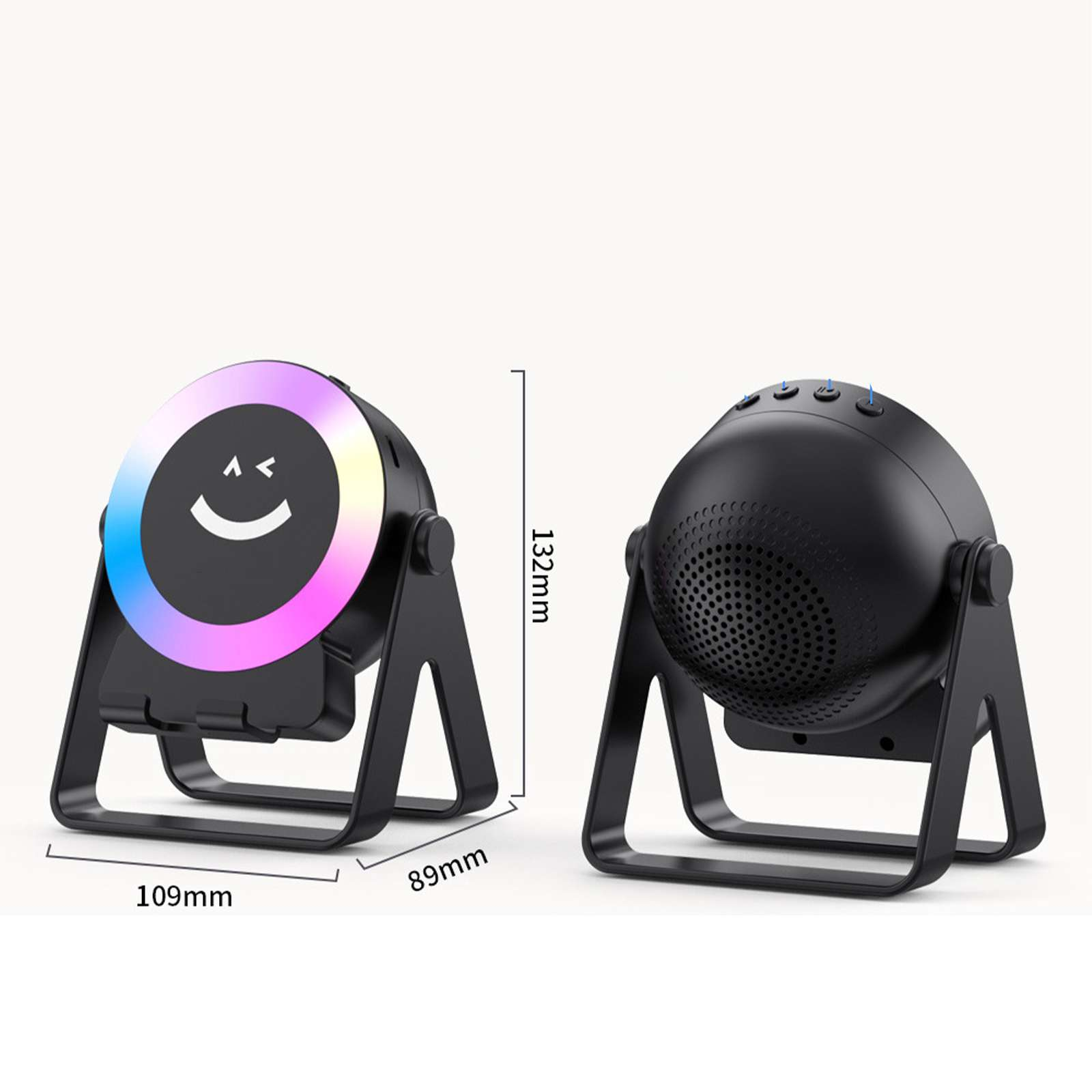 Zwei schwarze Lautsprecher, einer mit Smiley-Gesicht-Lichtern und der andere mit Knöpfen. Maße sind ebenfalls vorhanden.