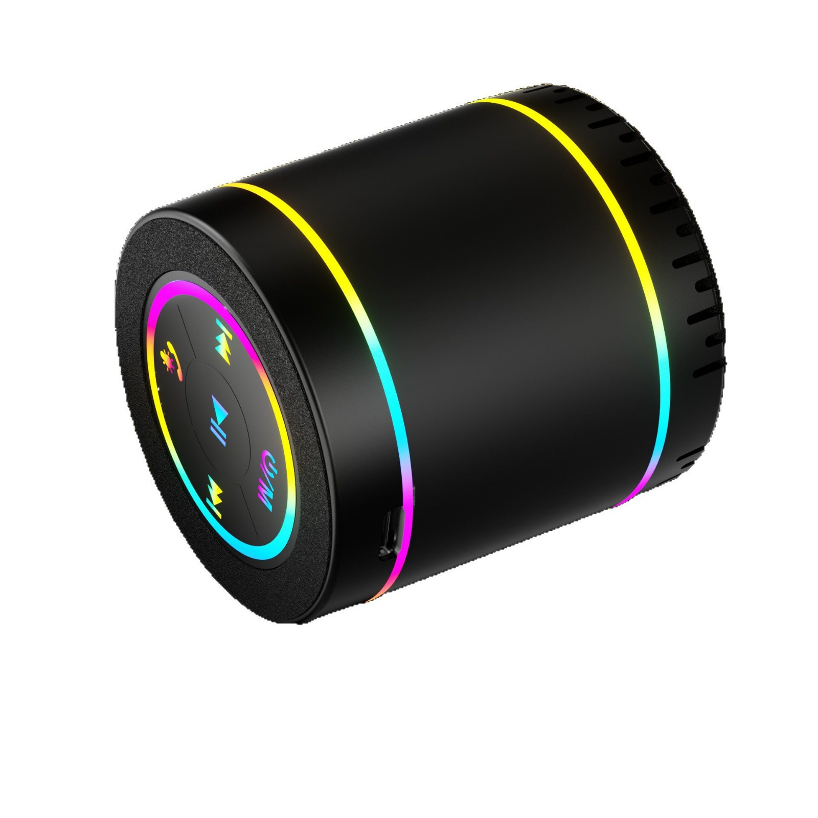 Ein schwarzer zylindrischer Lautsprecher mit bunten Lichtern. Er hat Steuertasten und einen USB-Anschluss. Der Hintergrund ist weiß.