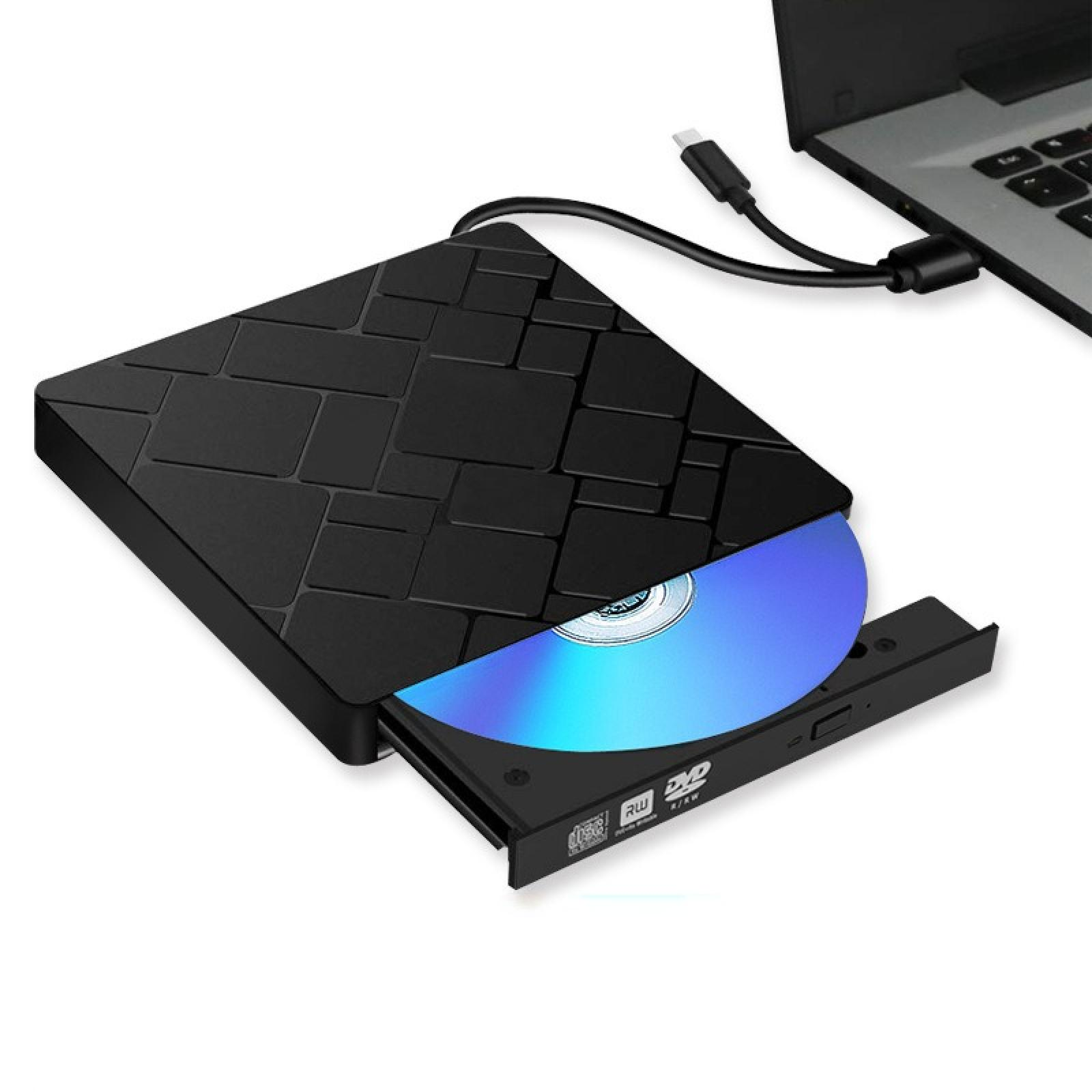 Schwarzes externes DVD-Laufwerk mit einer blauen Disc, verbunden mit einem Laptop.