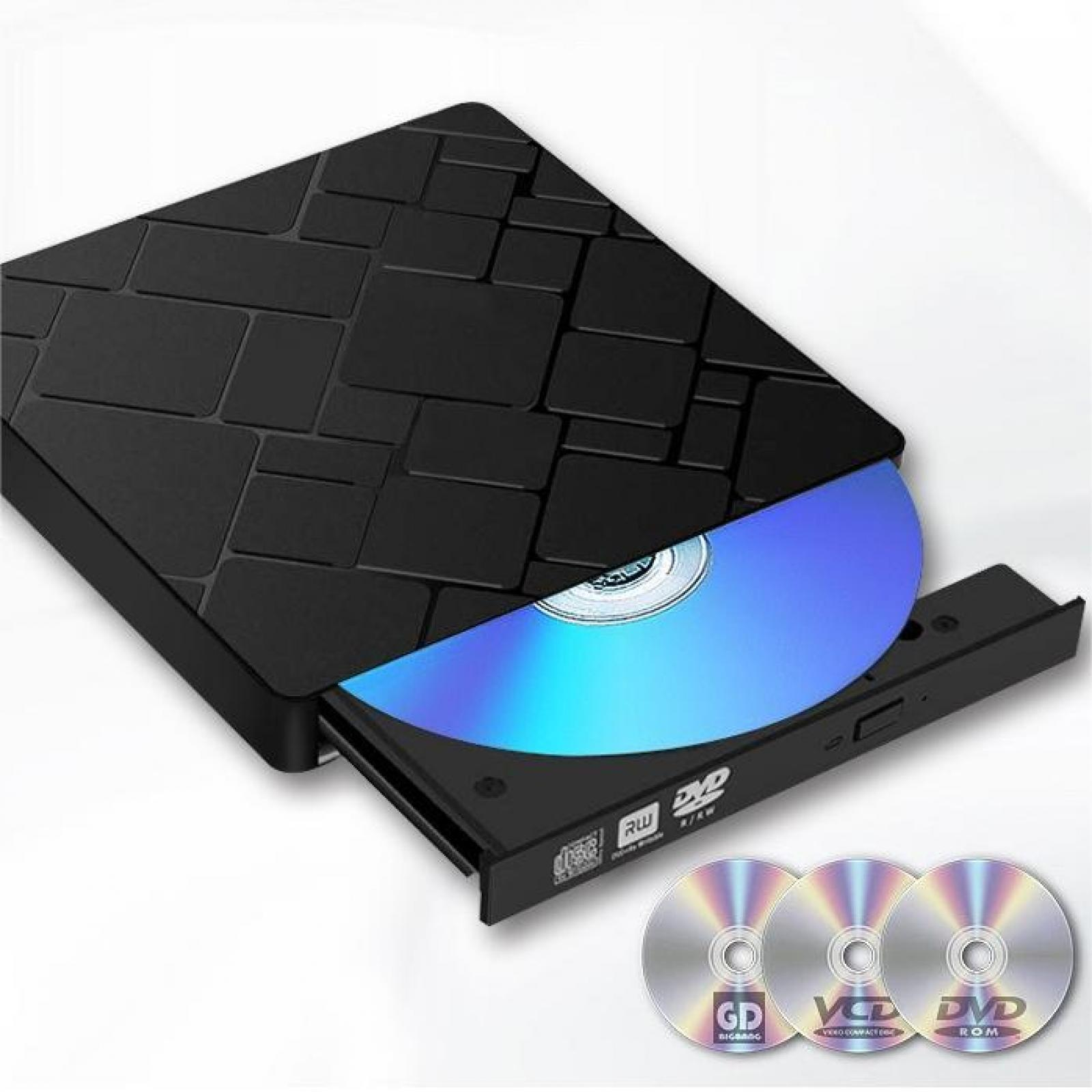 Schwarzes DVD-Laufwerk mit einer blauen Disc. Drei CDs darunter.