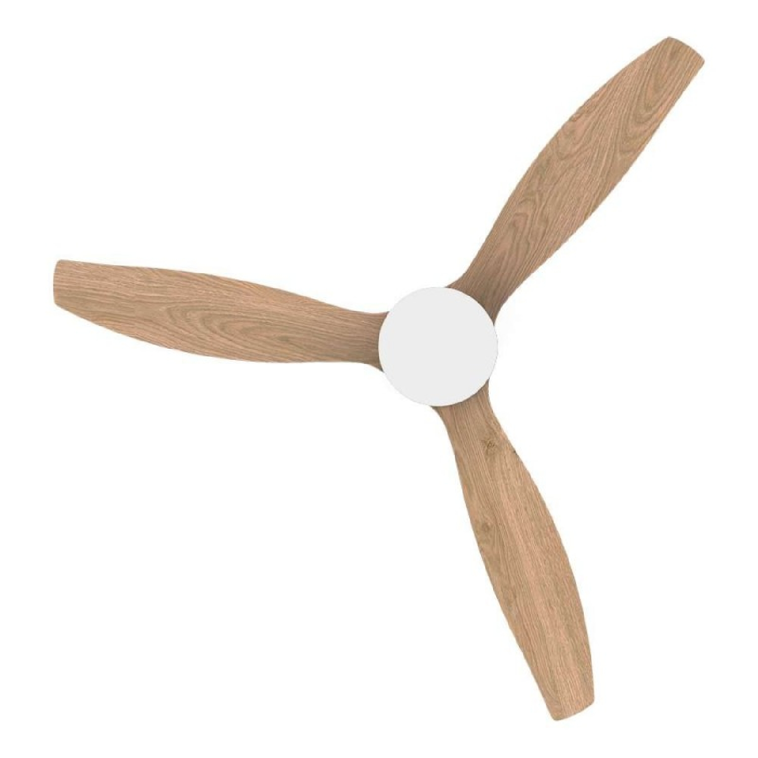 Un ventilatore a soffitto con tre pale in legno e un mozzo centrale bianco. Le pale sono marroni chiare e si irradiano dal mozzo.