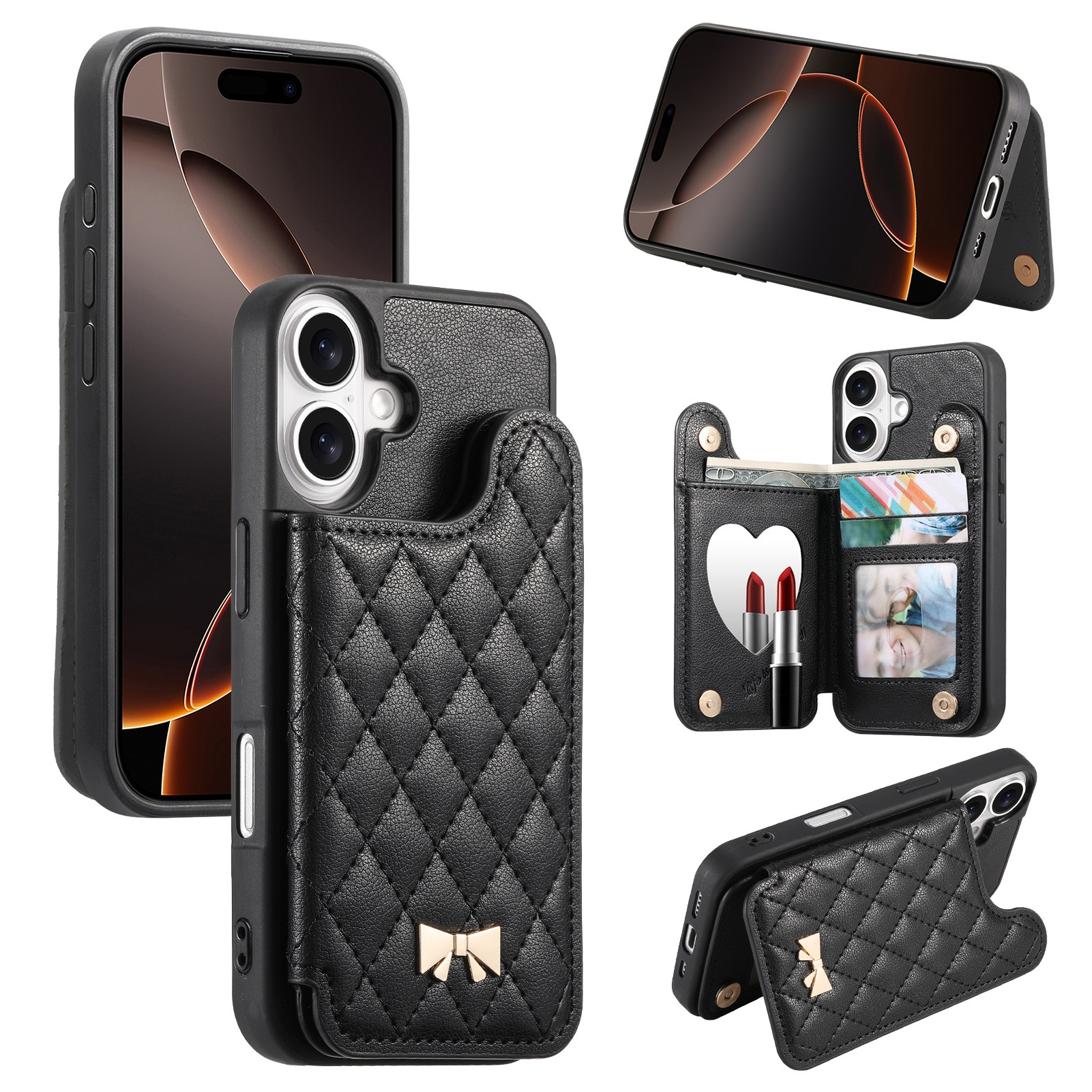 Custodia per telefono nera trapuntata con dettaglio fiocco. Include più angolazioni del telefono, mostrando un portafoglio con specchio, carte e rossetto.