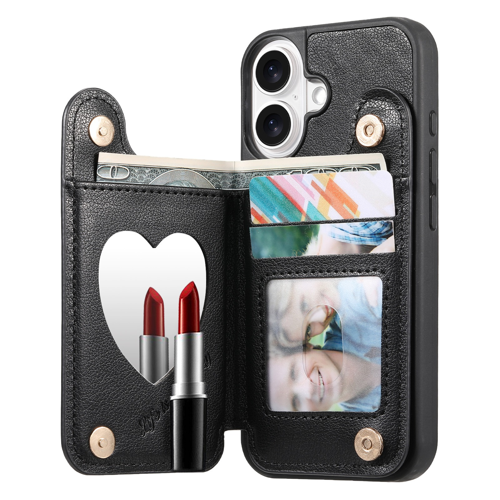 Custodia per telefono nera con portafoglio. Contiene contanti, carte e foto. Presenta uno specchio a forma di cuore e due rossetti.