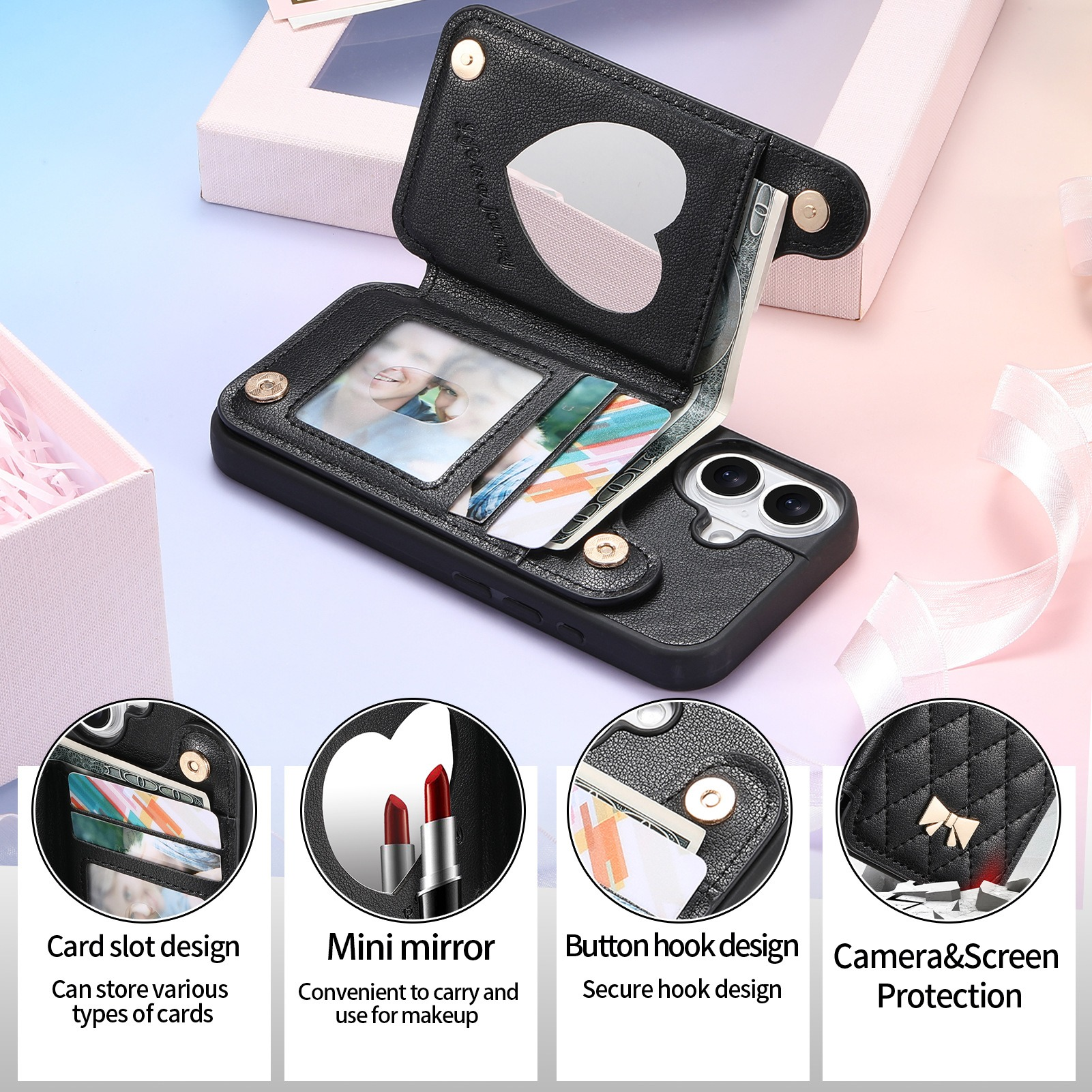 Custodia nera per telefono con scomparti per carte, specchio e telefono. Include la protezione della fotocamera.