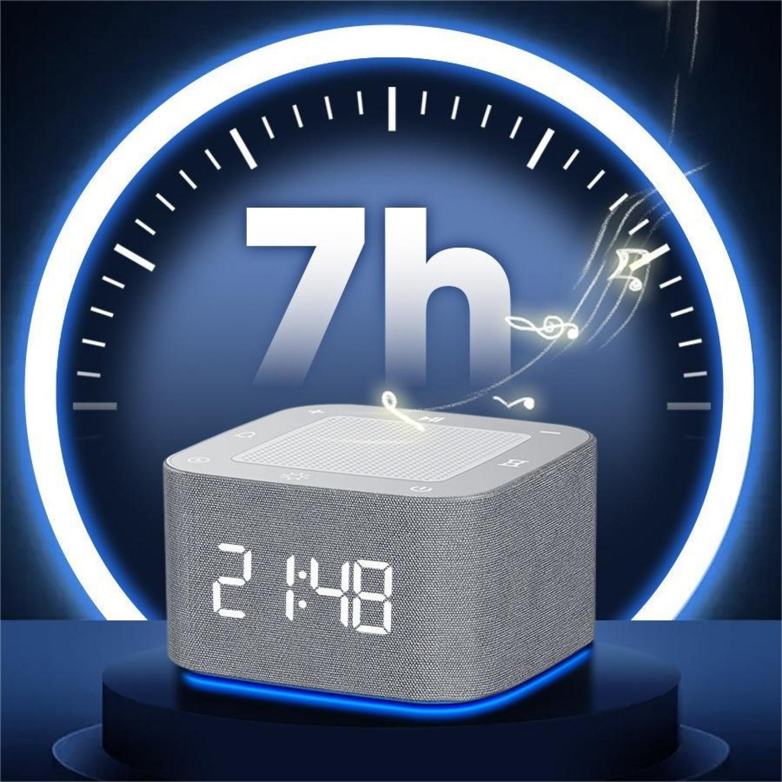 Ein graues Schlafgeräuschgerät zeigt die Uhrzeit 2:48 an. Ein Zifferblatt zeigt 7h. Noten schweben aus dem Gerät.