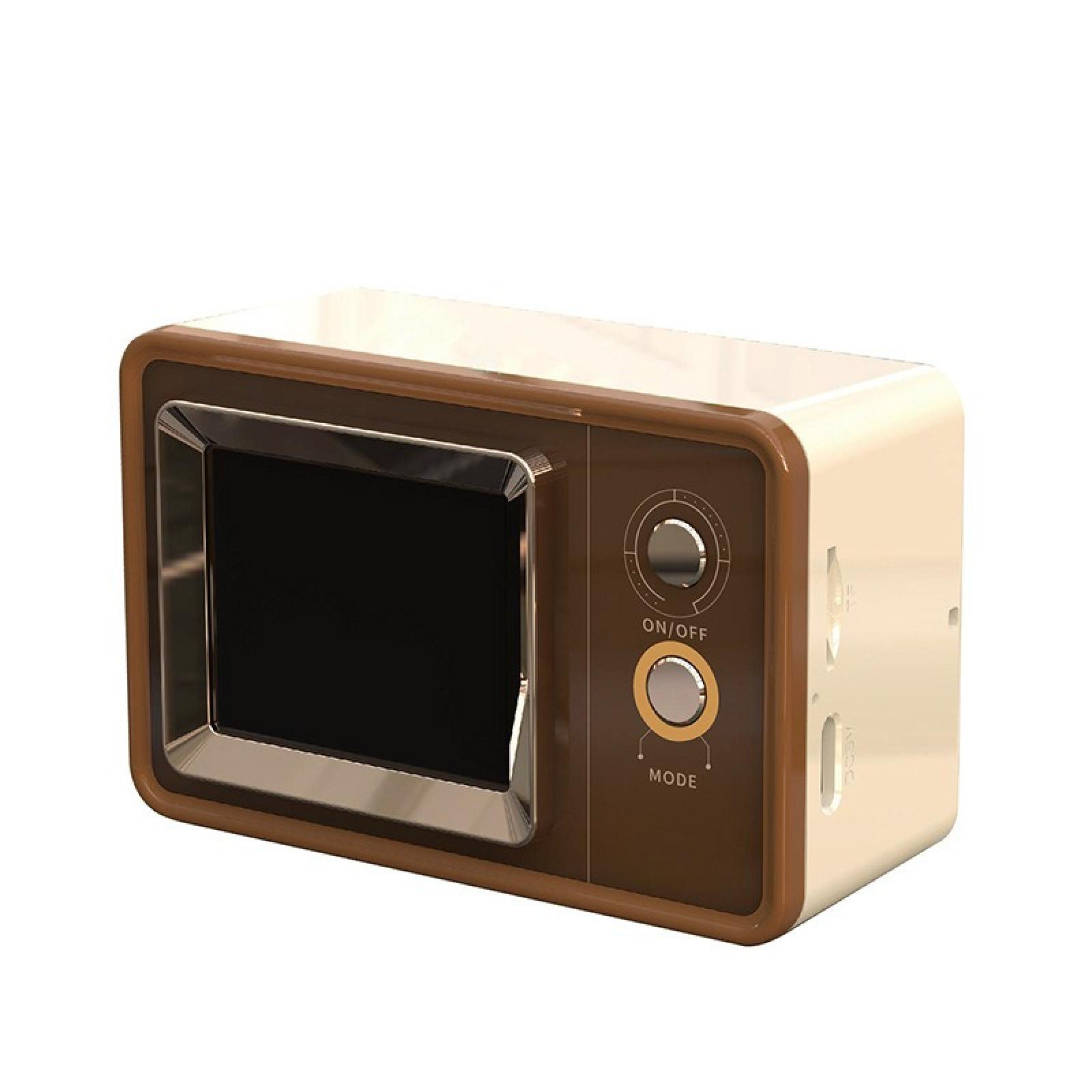 Ein Lautsprecher im Retro-Stil mit Bildschirm, braunen und cremefarbenen Farben, mit Ein/Aus- und Modustasten.