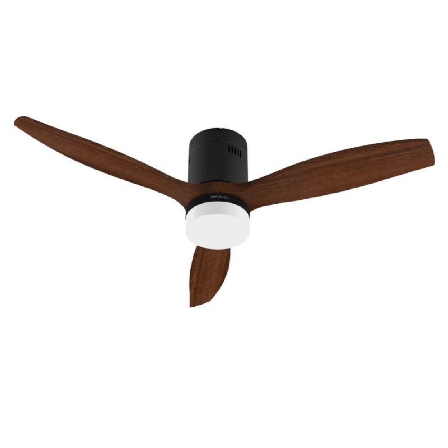 Un ventilatore da soffitto con tre pale in legno. Il motore è nero e una luce bianca è al centro. Lo sfondo è bianco.