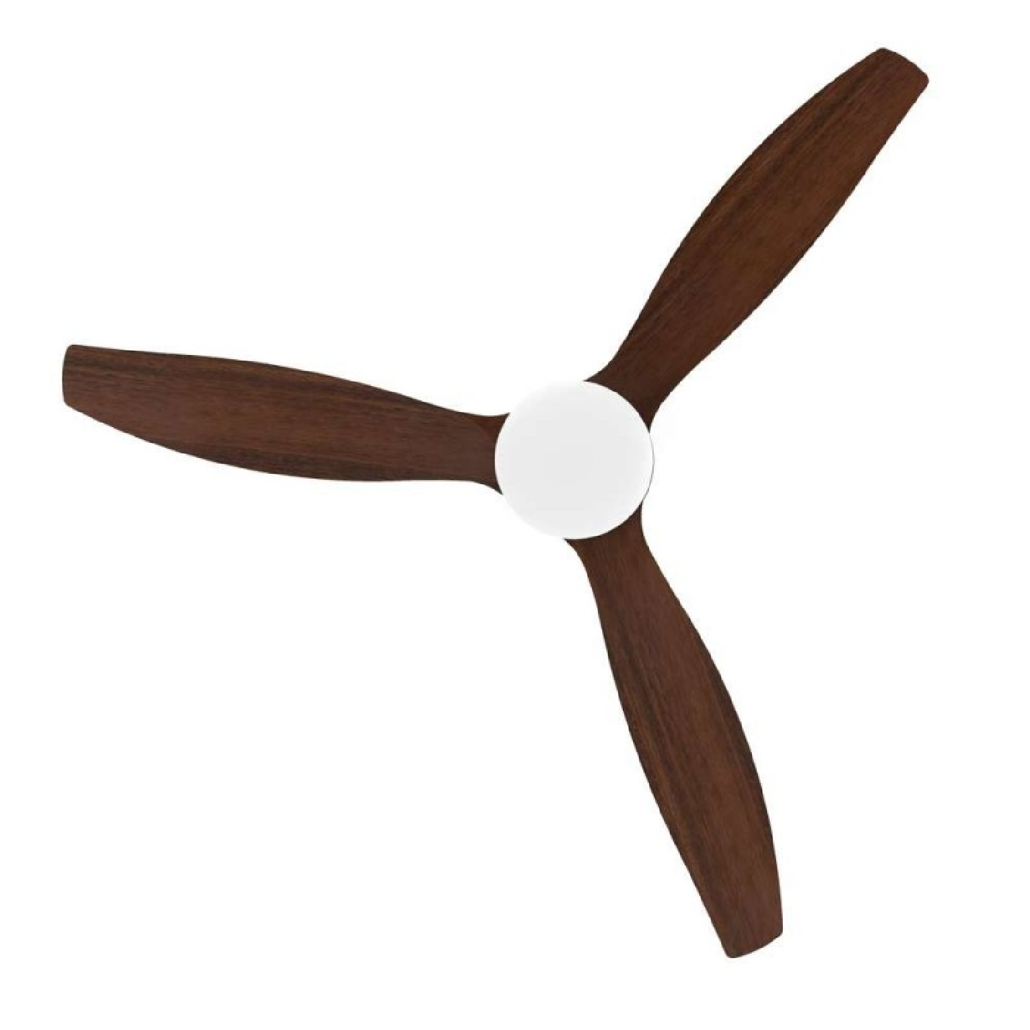 Un ventilatore da soffitto con tre pale in legno marrone scuro e un mozzo centrale bianco, su sfondo bianco.