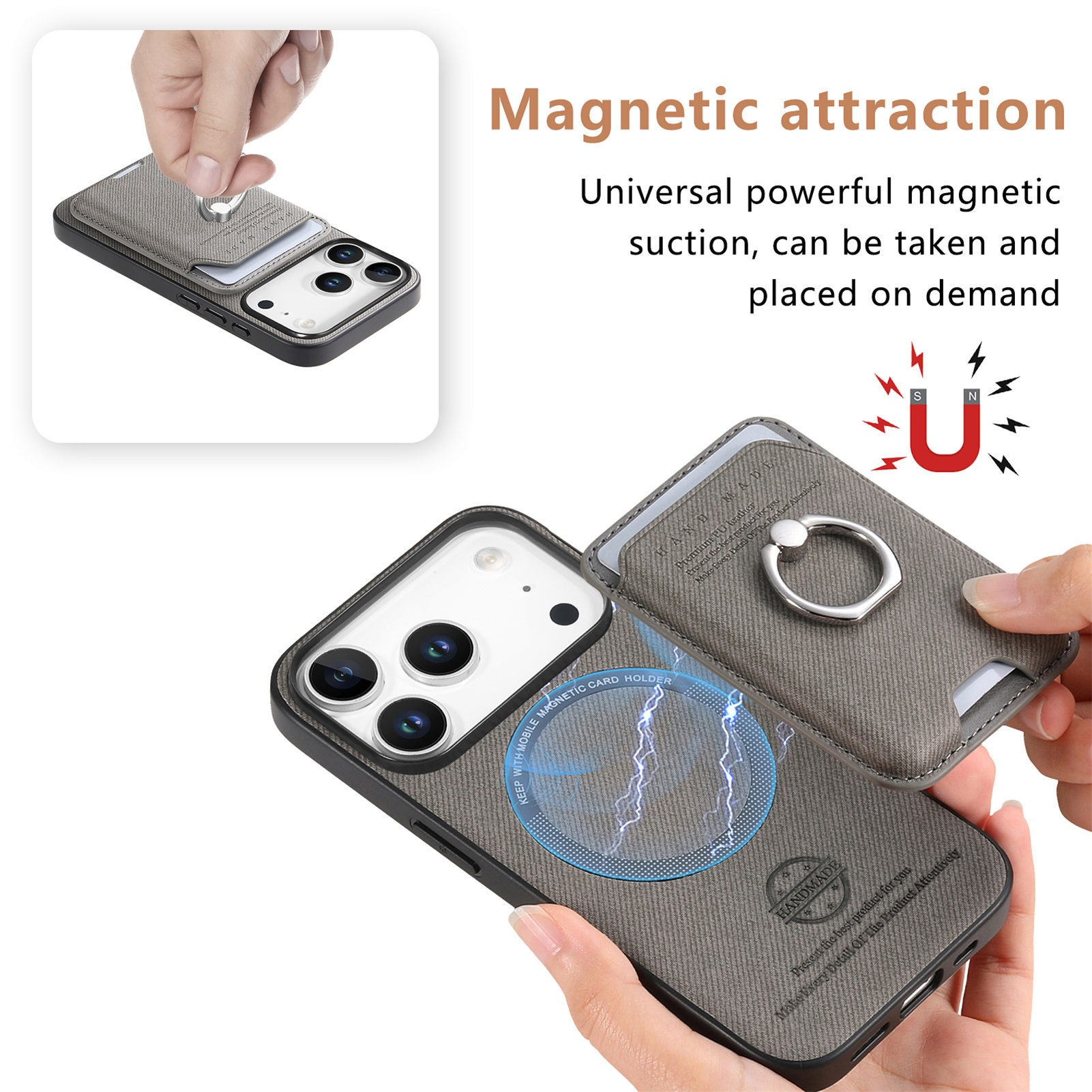 Viene mostrata una custodia per telefono con un porta carte magnetico. Una mano lo sta posizionando su un telefono. Il porta carte ha un anello.