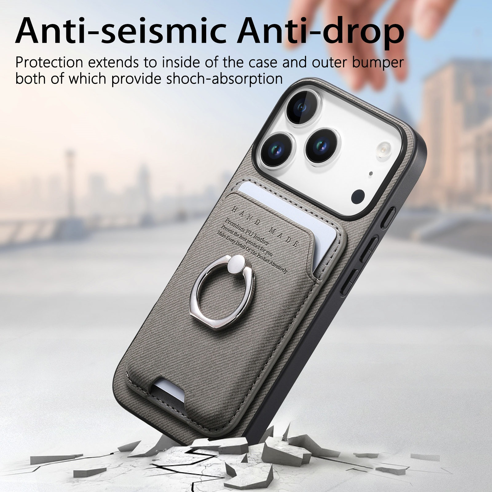 È mostrata una custodia per telefono con supporto ad anello. La custodia è grigia, ha uno slot per schede e protegge il telefono.