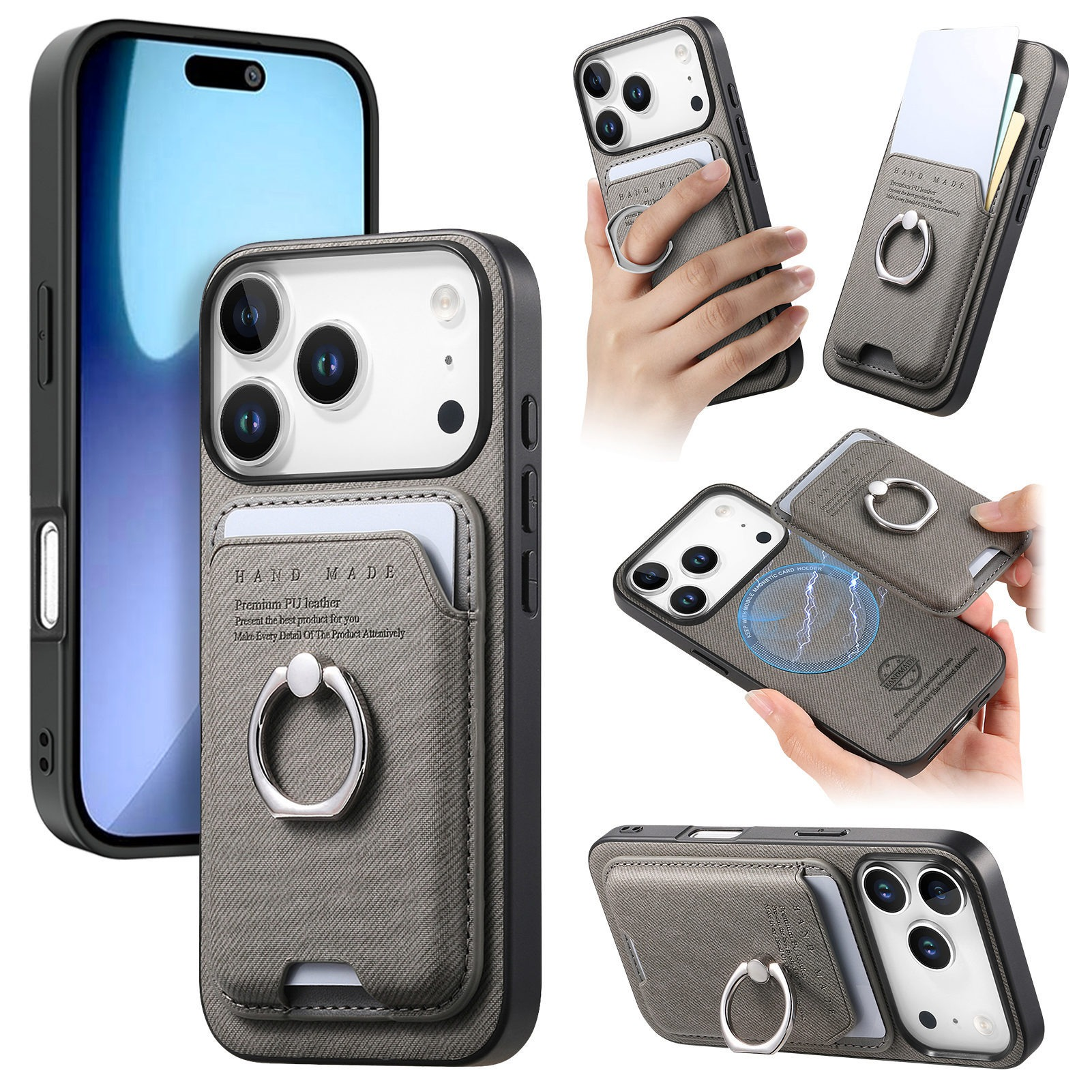 L'immagine mostra una custodia per telefono con un design in tessuto grigio, un porta anello e uno slot per carte, accanto a un telefono nero.