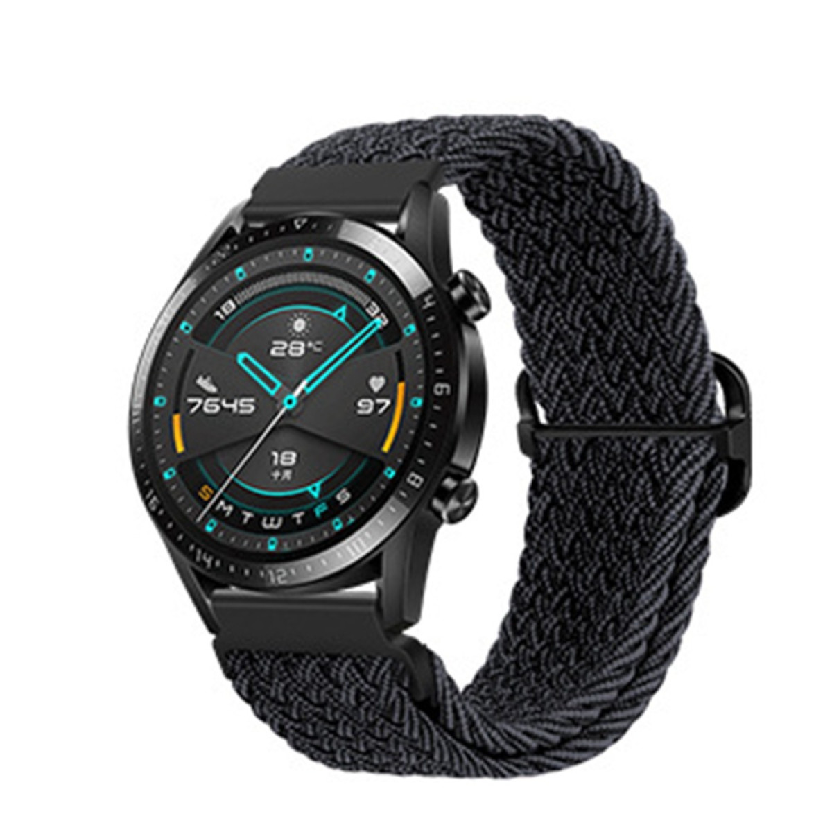 Uno smartwatch nero con cinturino intrecciato scuro. Il quadrante mostra dati, tra cui l'ora, la temperatura e i passi.