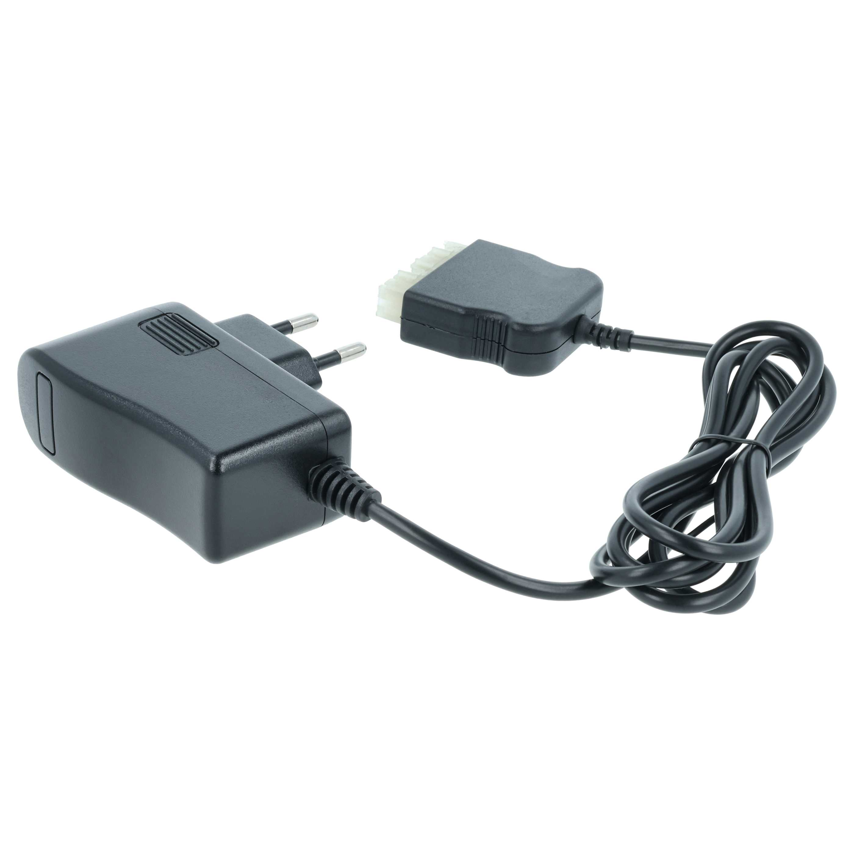 Schwarzes Netzteil mit Stecker und Anschluss, verbunden durch ein schwarzes Kabel, auf weißem Hintergrund.