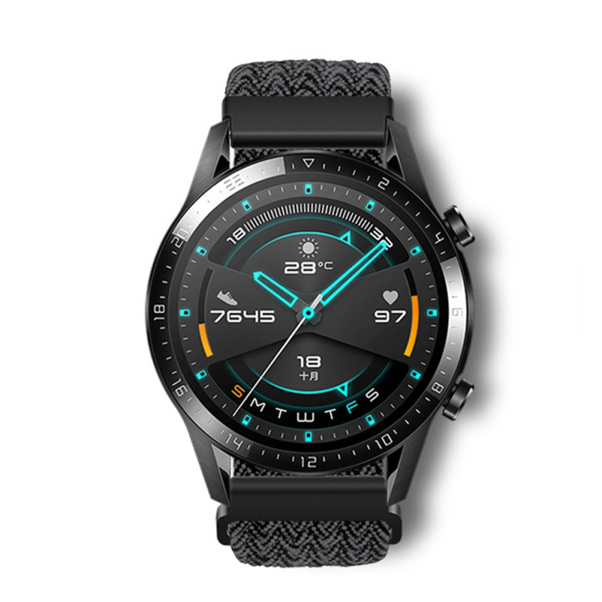 Uno smartwatch nero con quadrante rotondo mostra ora, temperatura e passi. Ha un cinturino a fantasia e due pulsanti laterali.