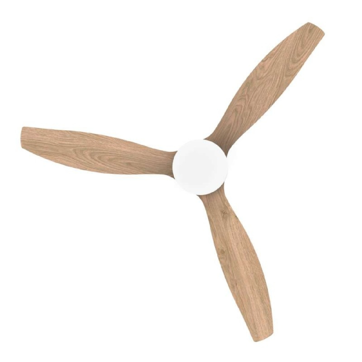 Un ventilatore da soffitto con tre pale in legno che si irradiano da un centro bianco. Le pale hanno un motivo a venature chiare.